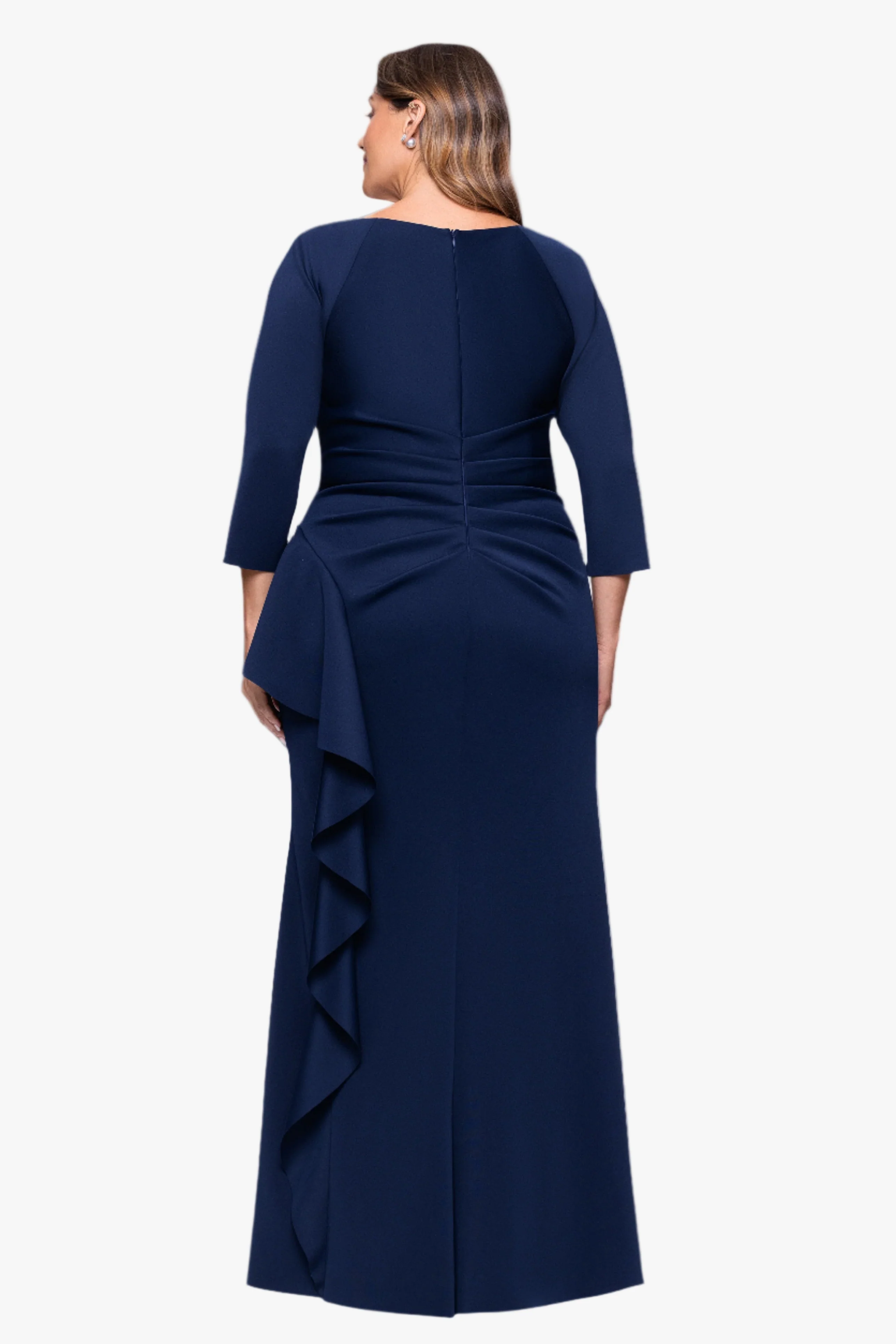 Plus "Amber" Techno Scuba 3/4 Sleeve V-Neck Ruffle Floor Length Dress - Image 8
