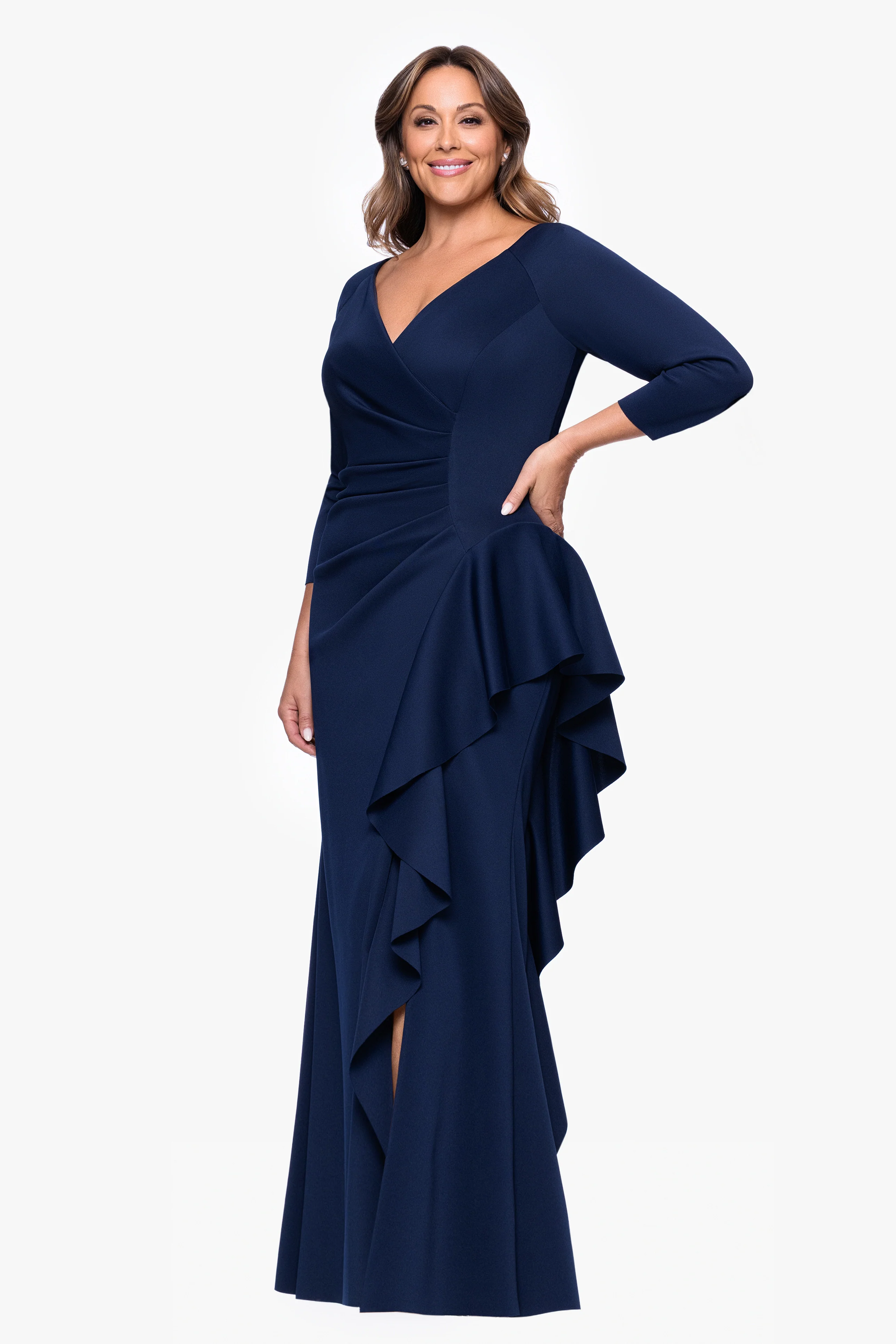 Plus "Amber" Techno Scuba 3/4 Sleeve V-Neck Ruffle Floor Length Dress - Image 9