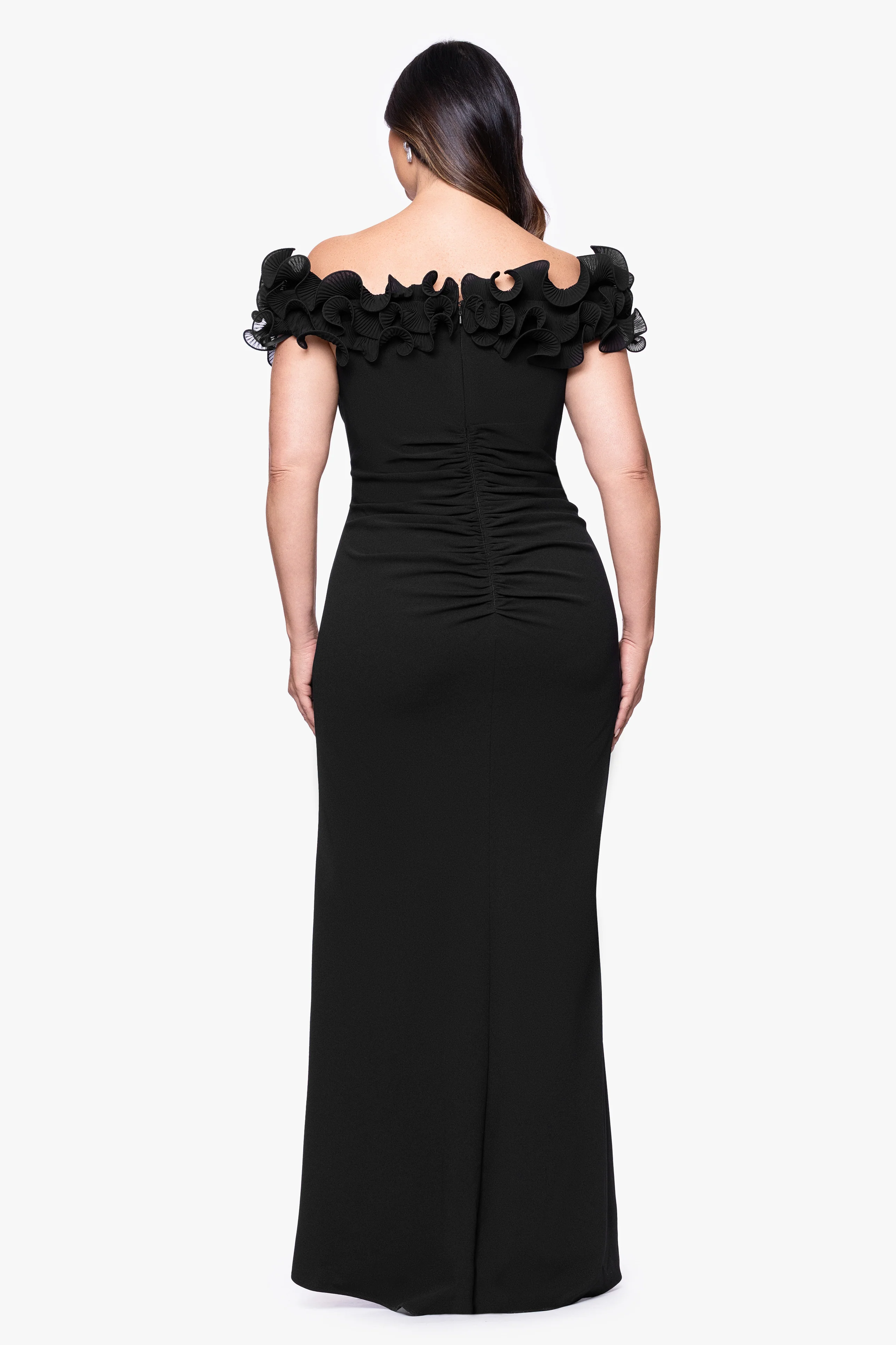 Plus "Anya" Scuba Crepe Off the Shoulder Chiffon Ruffle Neckline Floor Length Dress - Image 4