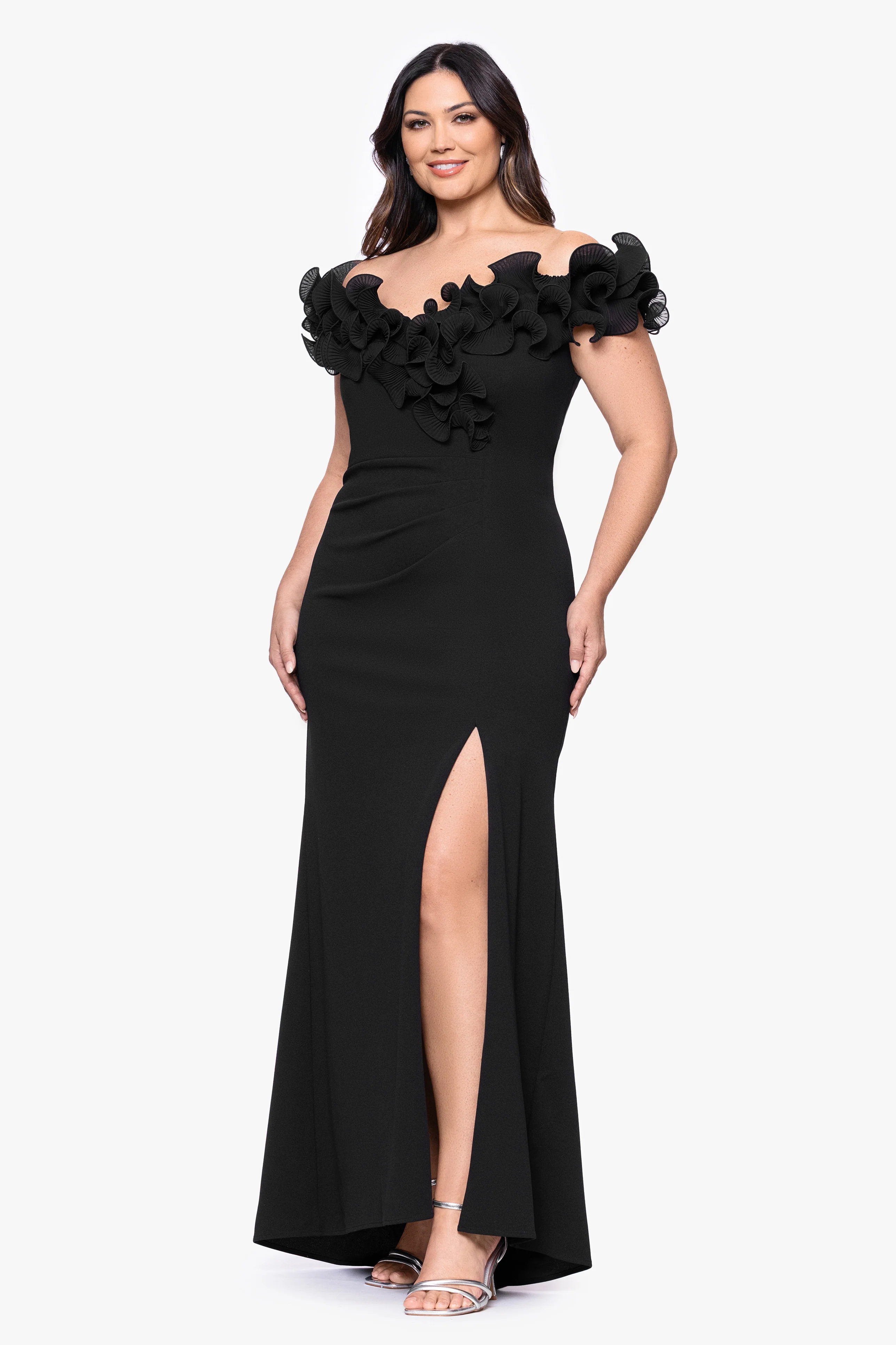 Plus "Anya" Scuba Crepe Off the Shoulder Chiffon Ruffle Neckline Floor Length Dress - Image 5