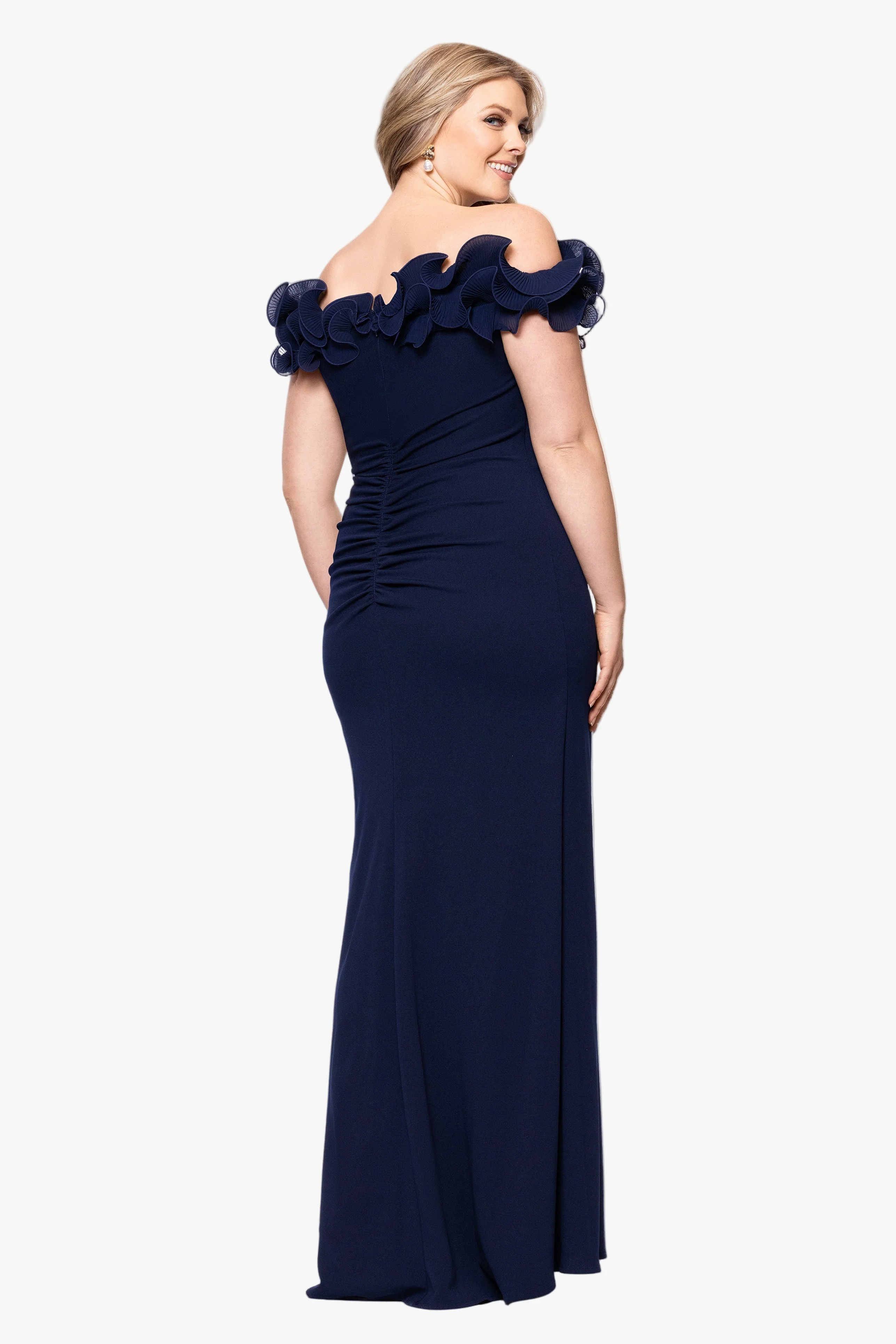 Plus "Anya" Scuba Crepe Off the Shoulder Chiffon Ruffle Neckline Floor Length Dress - Image 10