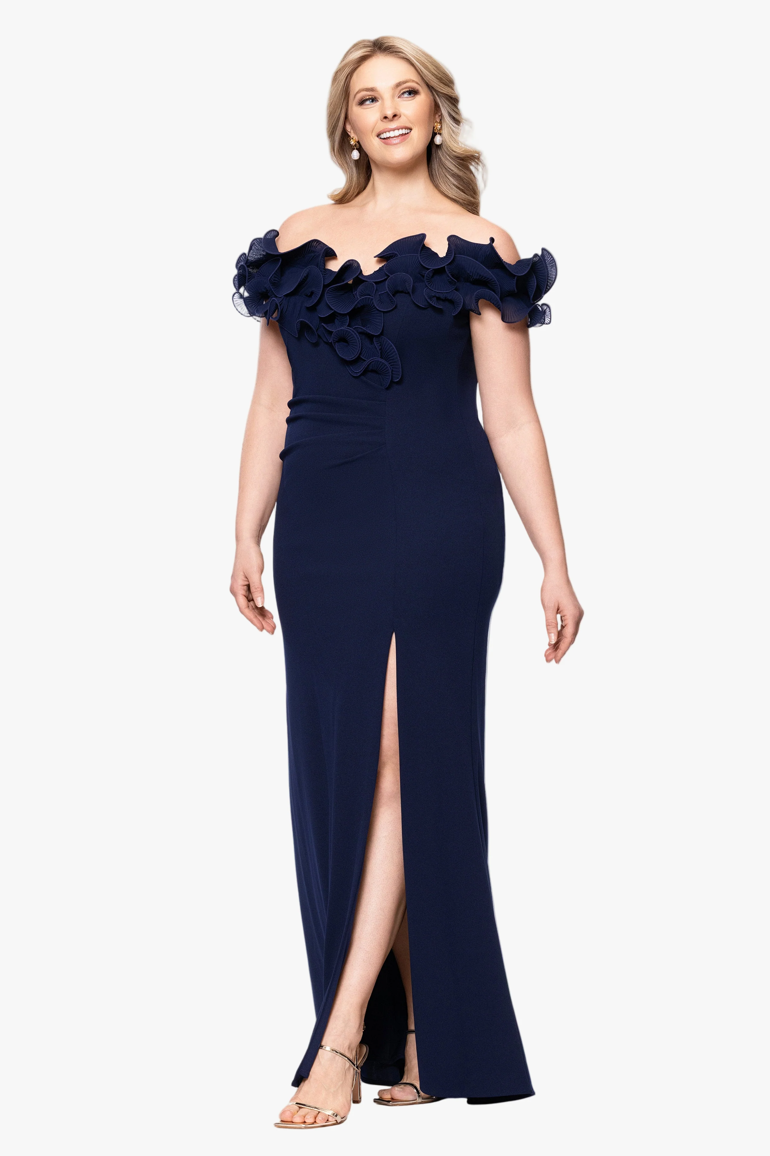 Plus "Anya" Scuba Crepe Off the Shoulder Chiffon Ruffle Neckline Floor Length Dress - Image 11