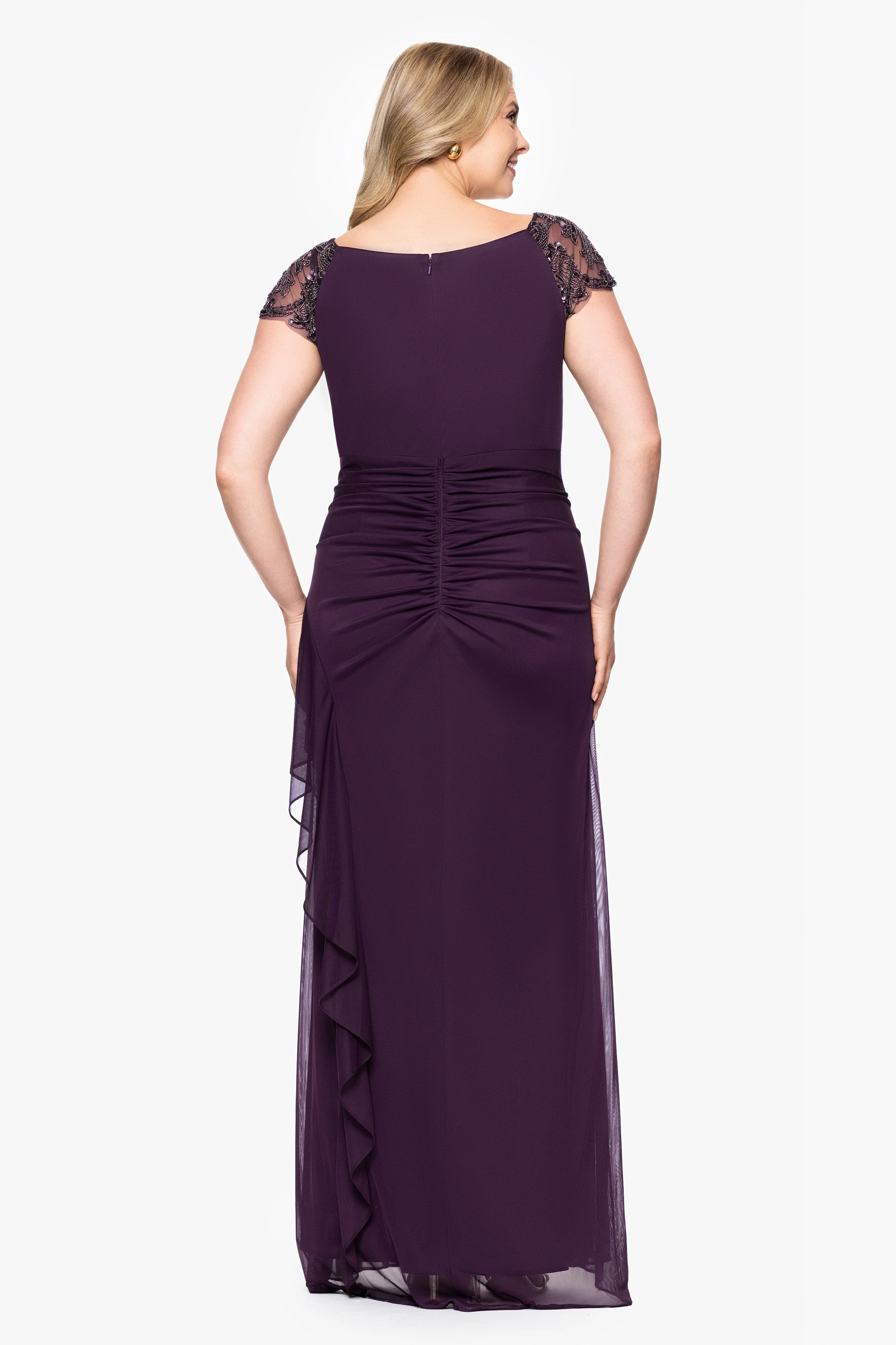 Plus "Cathleen" Sheer Matte Jersey Beaded Neckline Ruffle Floor Length Dress - Image 3