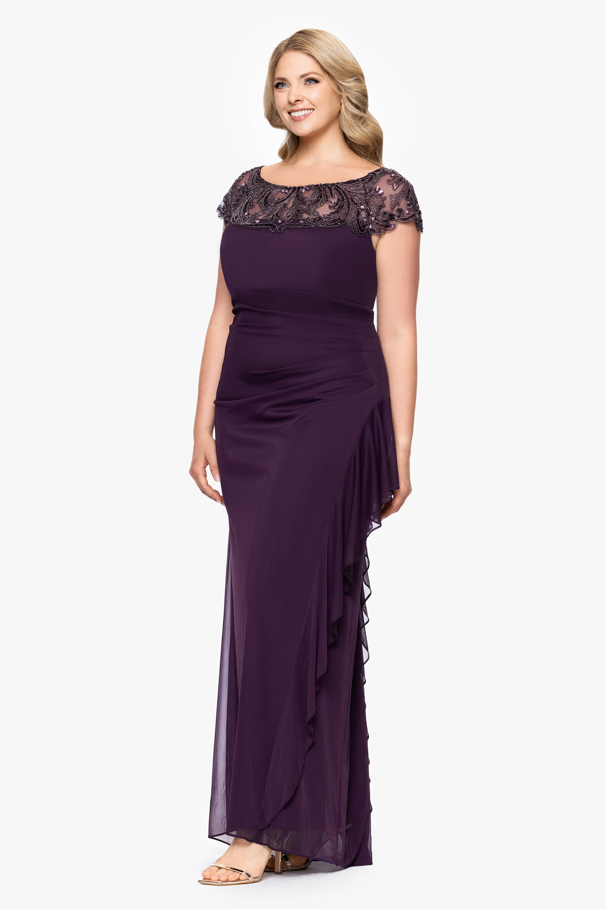 Plus "Cathleen" Sheer Matte Jersey Beaded Neckline Ruffle Floor Length Dress - Image 4