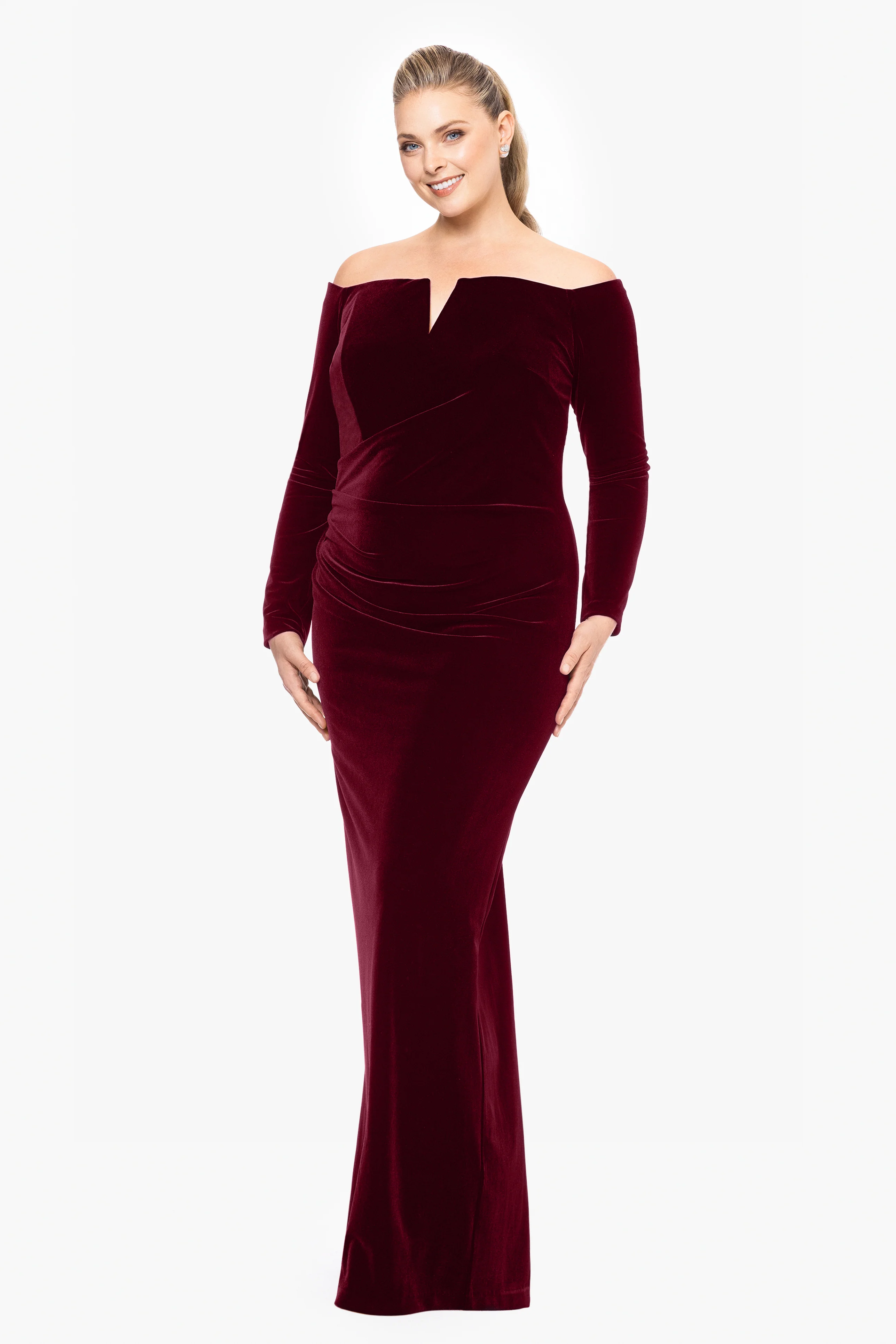 Plus "Christy" Long Off the Shoulder Velvet Dress - Image 4