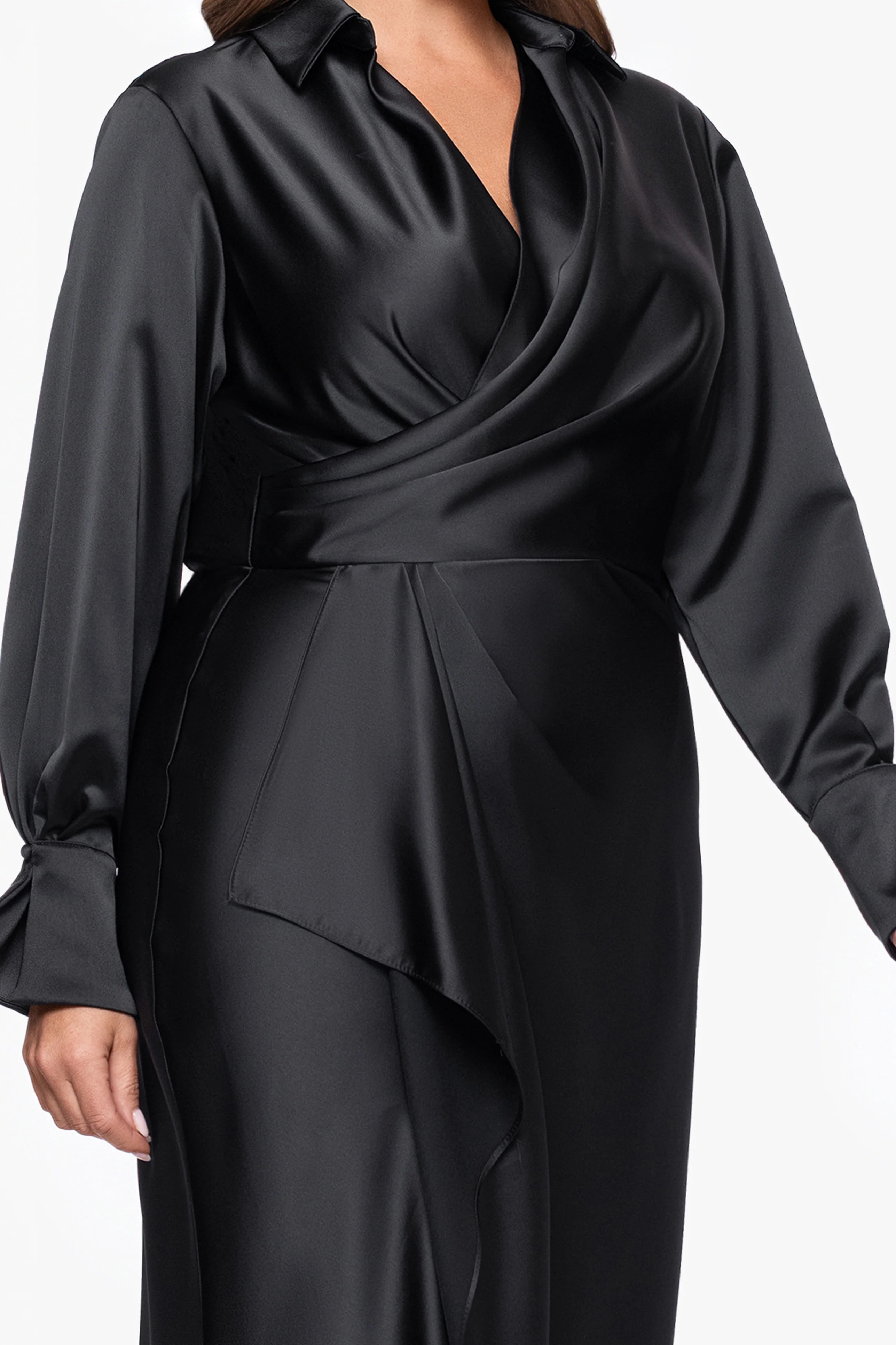 Plus "Emery" Long Satin Long Sleeve Collared Dress - Image 3
