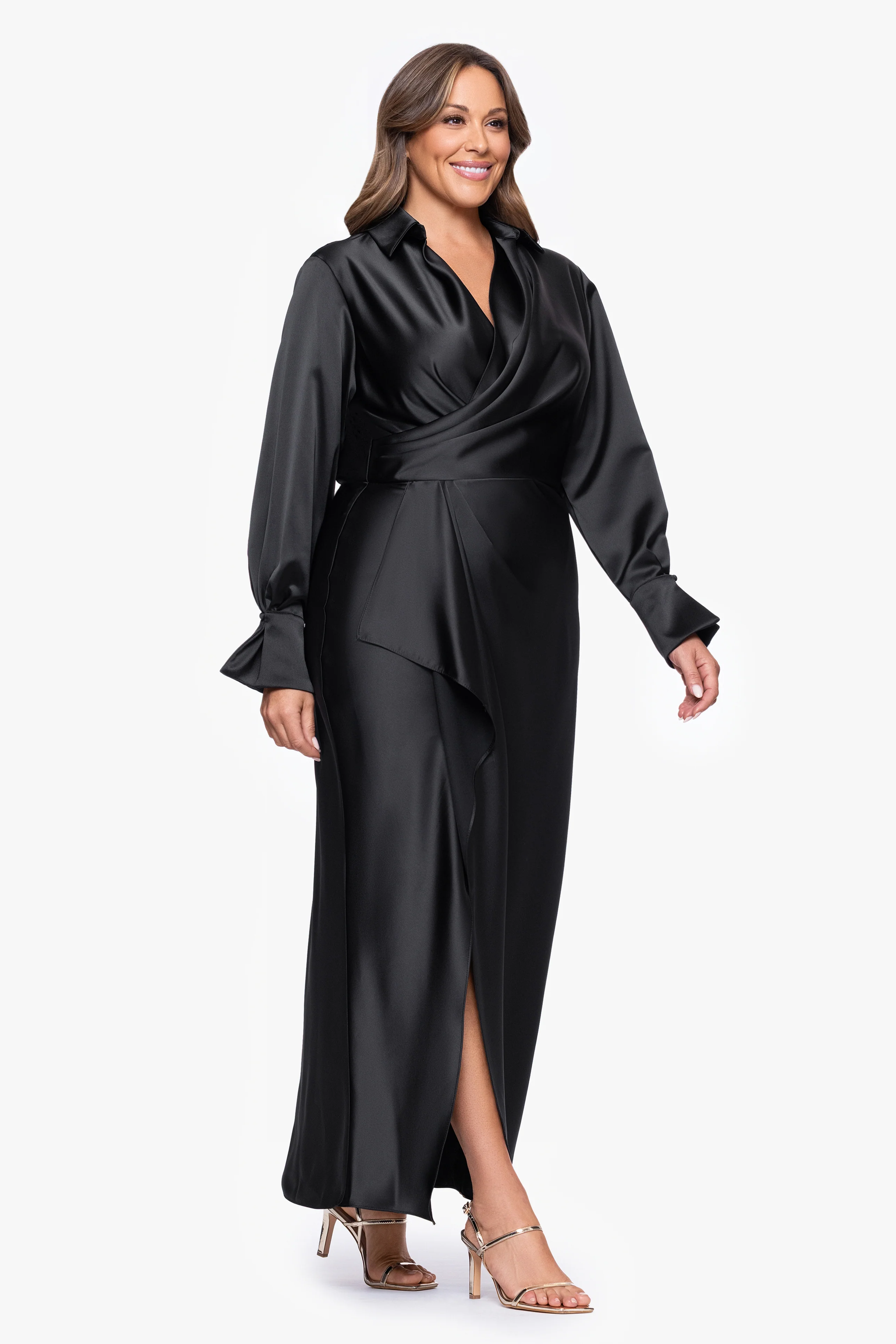 Plus "Emery" Long Satin Long Sleeve Collared Dress - Image 5