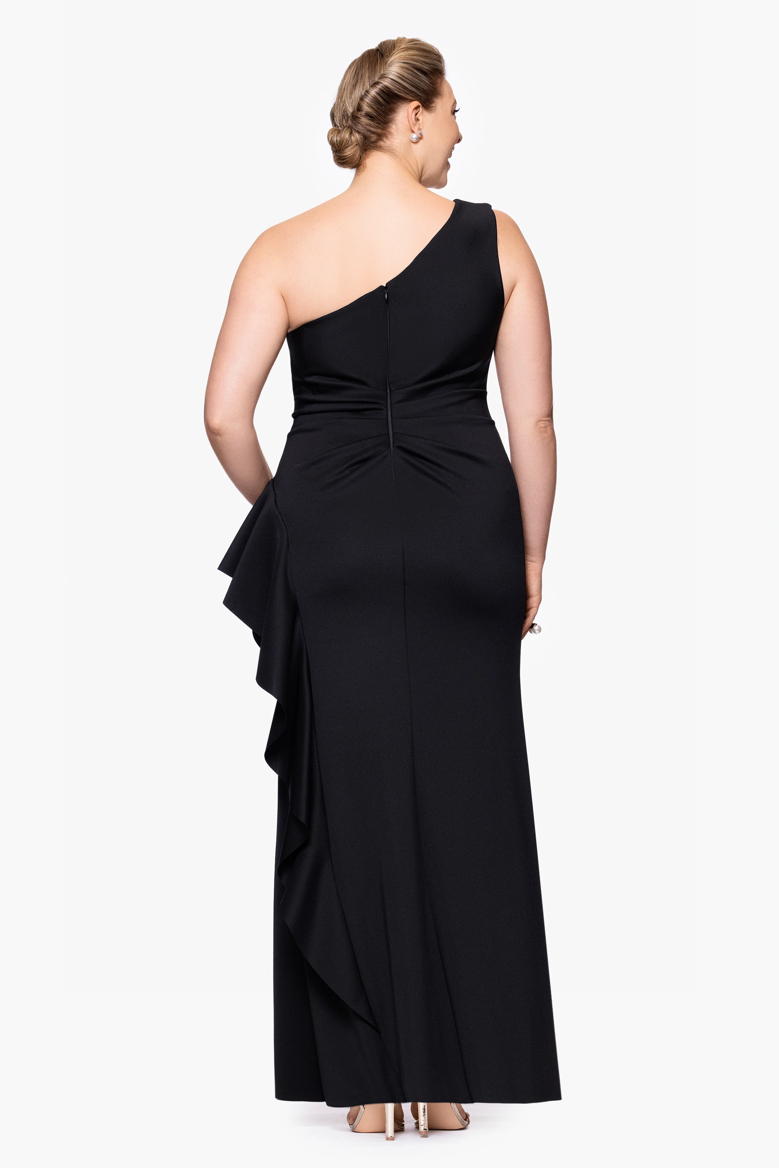 Plus "Flo" Long Techno Scuba One Shoulder Ruffle Dress - Image 4