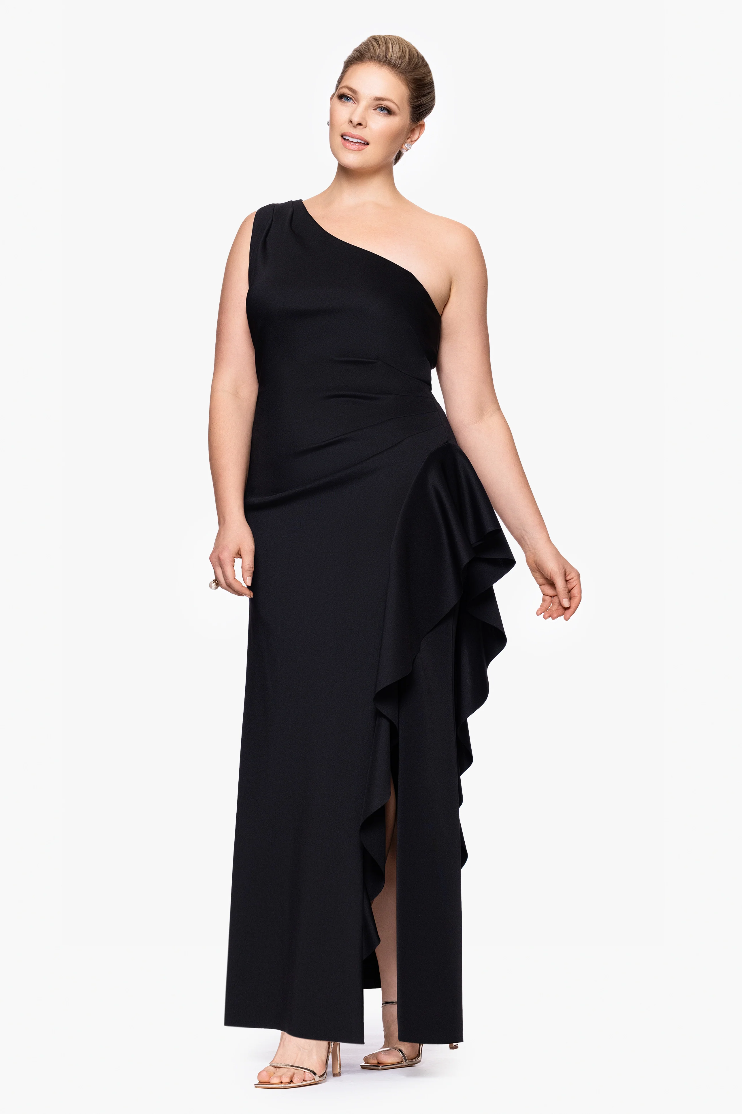 Plus "Flo" Long Techno Scuba One Shoulder Ruffle Dress - Image 5
