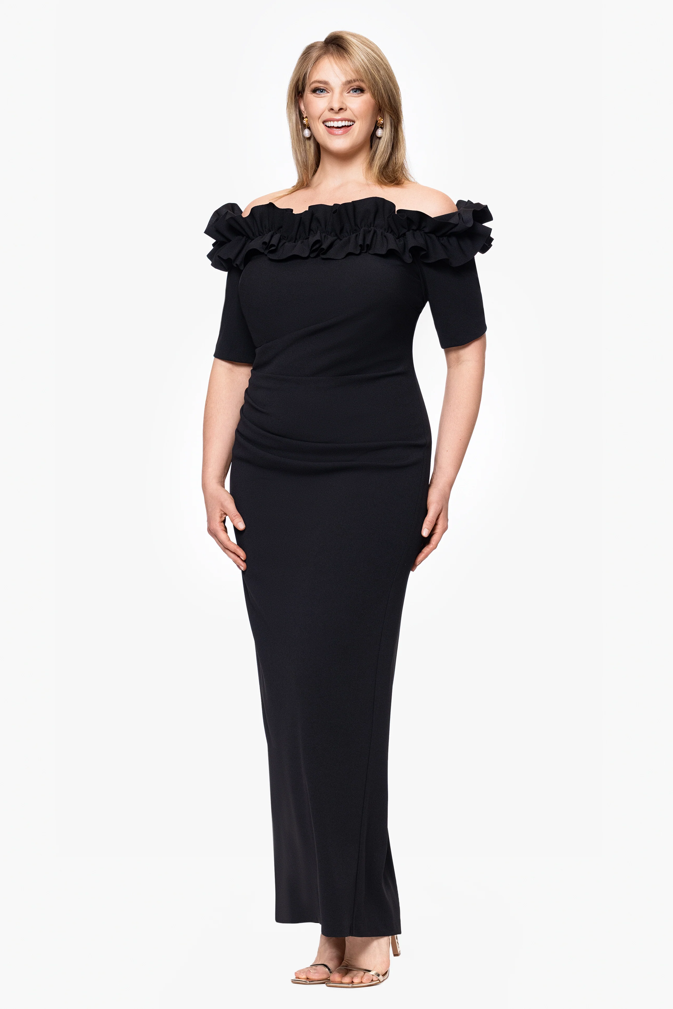 Plus "Isla" Long Crepe Off the Shoulder Ruffle Dress - Image 4