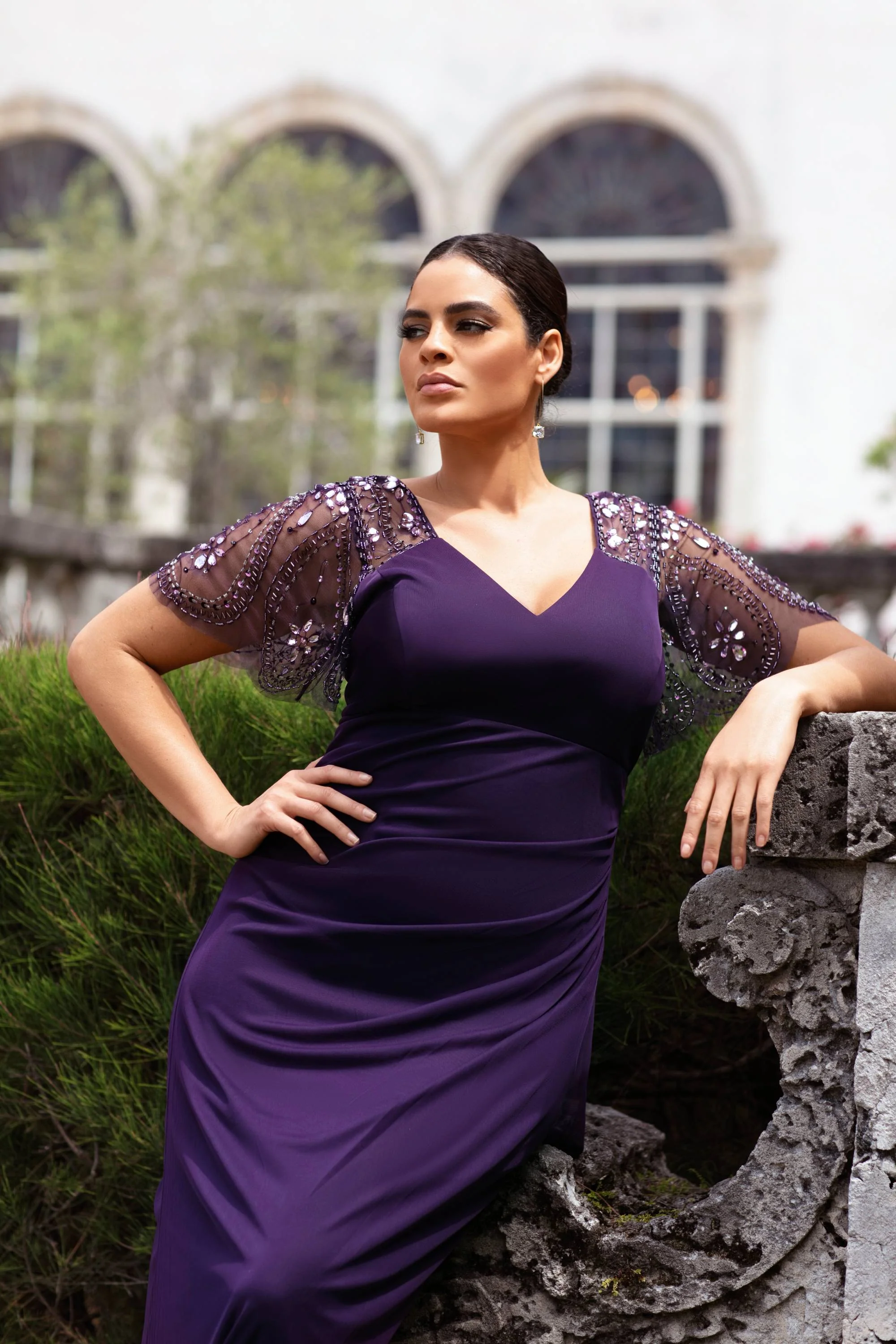Plus "Lana" Long V-Neck Beaded Flutter Sleeve Dress - Image 5
