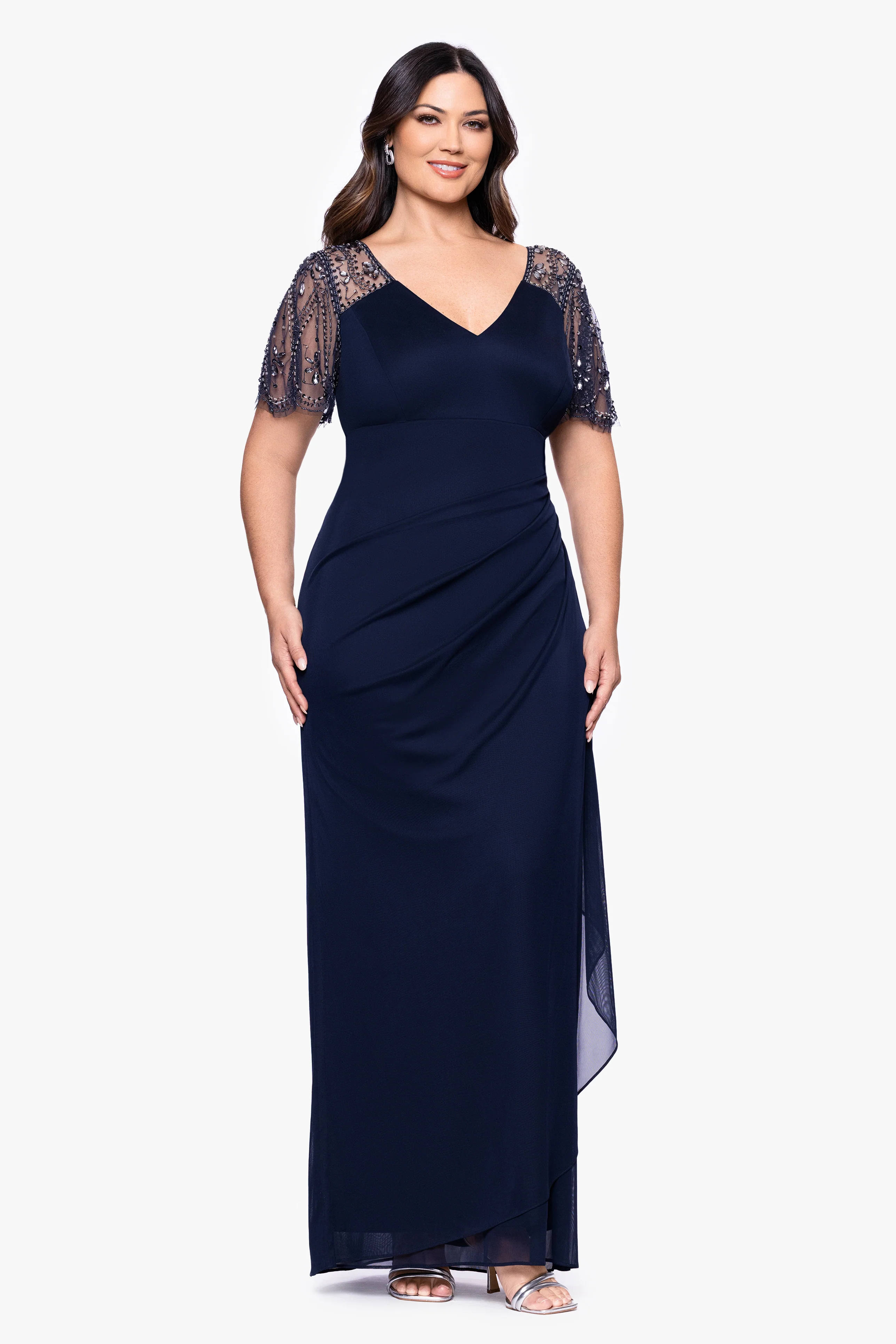 Plus "Lana" Long V-Neck Beaded Flutter Sleeve Dress - Image 10