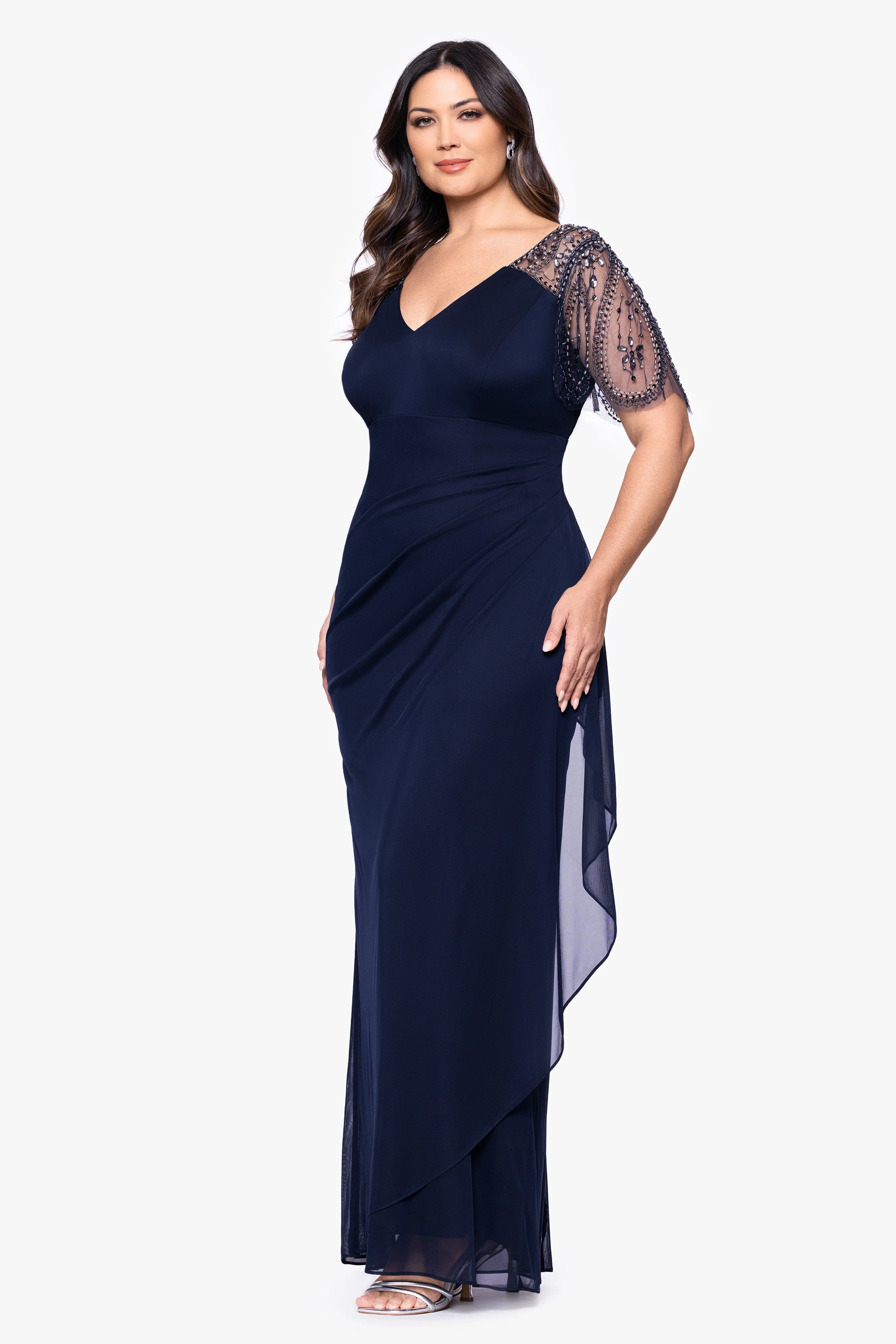 Plus "Lana" Long V-Neck Beaded Flutter Sleeve Dress - Image 13