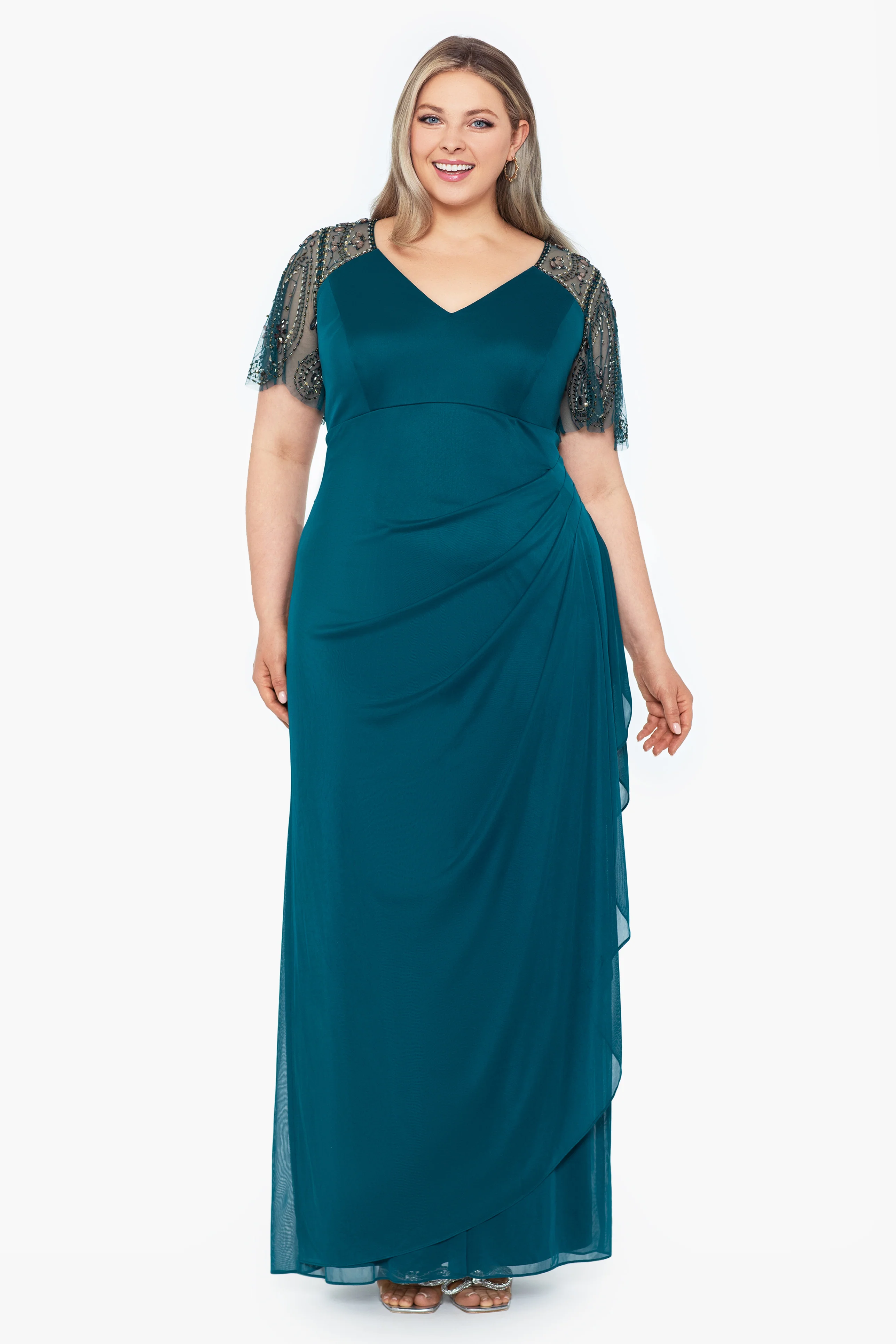 Plus "Lana" Long V-Neck Beaded Flutter Sleeve Dress - Image 15