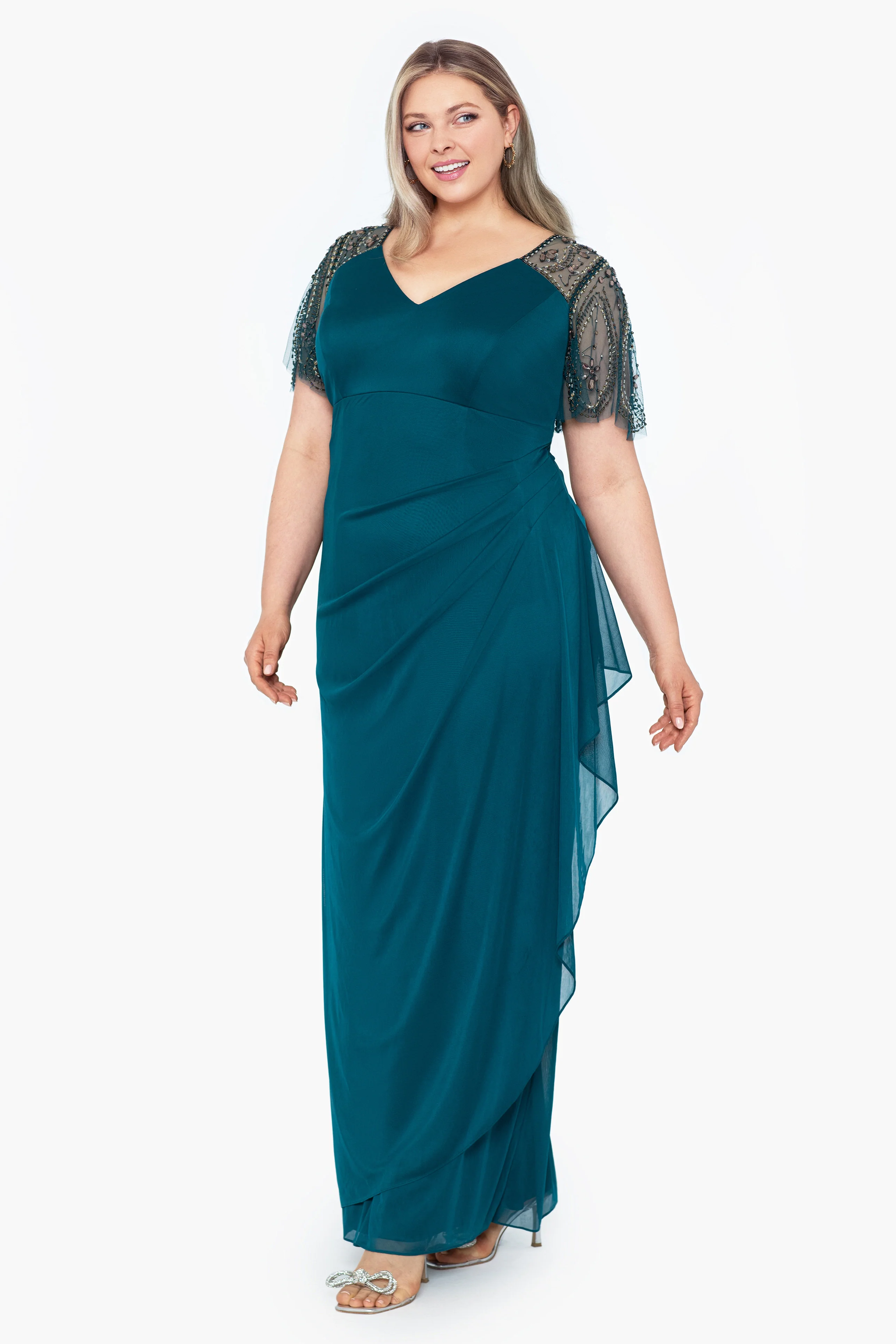 Plus "Lana" Long V-Neck Beaded Flutter Sleeve Dress - Image 18