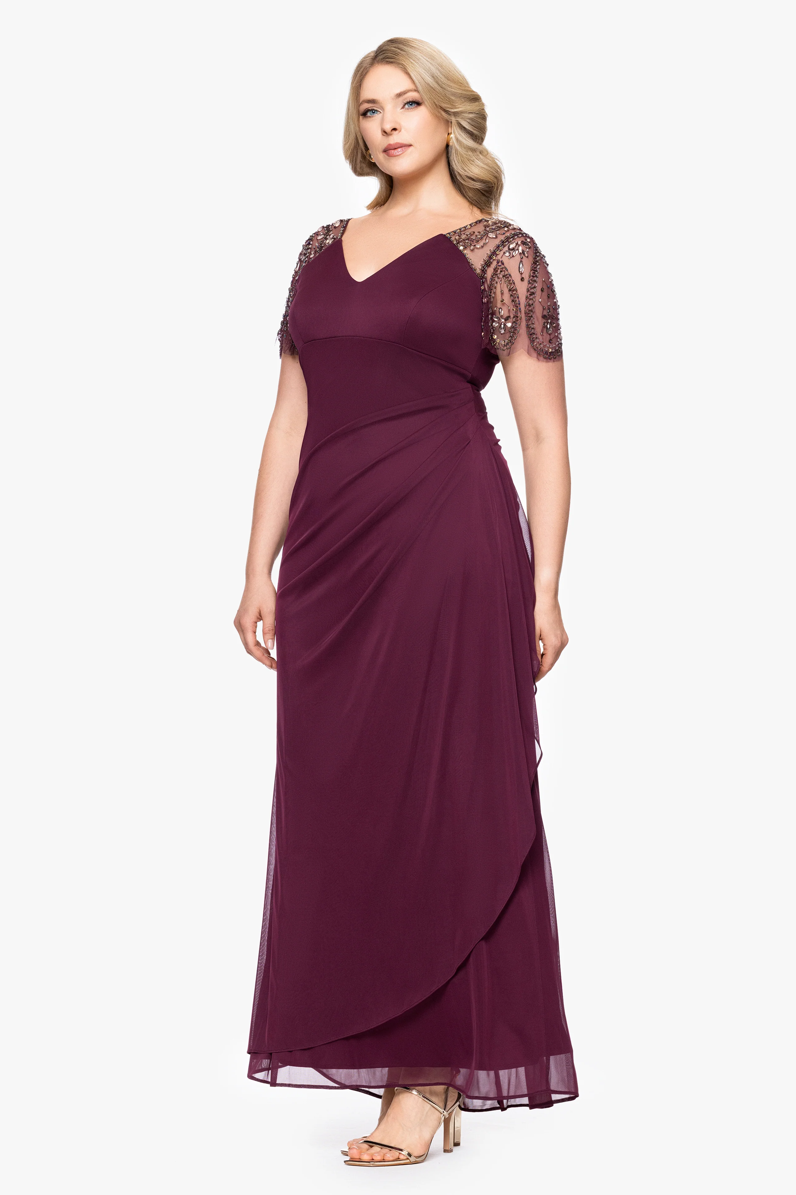 Plus "Lana" Long V-Neck Beaded Flutter Sleeve Dress - Image 9