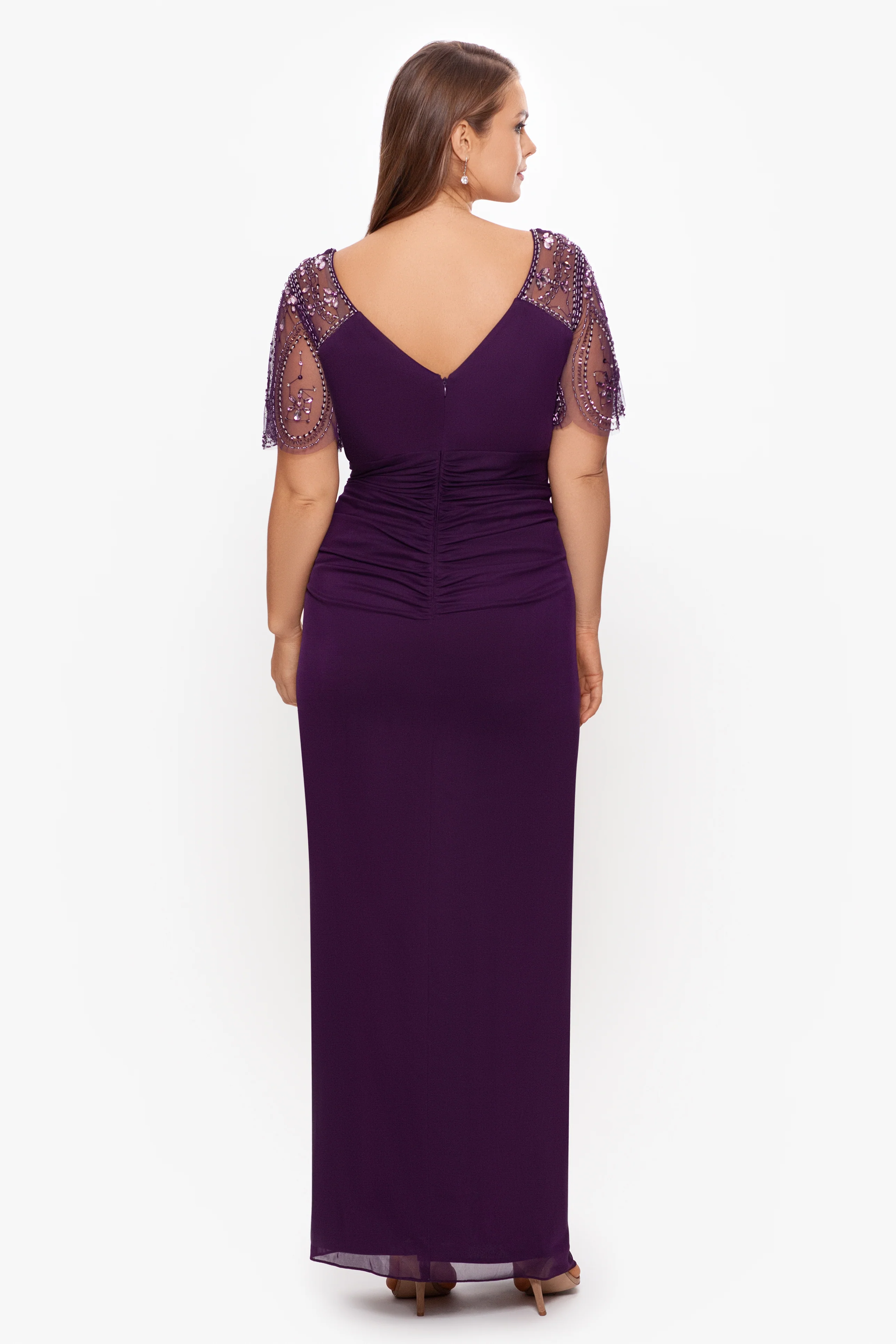 Plus "Lana" Long V-Neck Beaded Flutter Sleeve Dress - Image 3