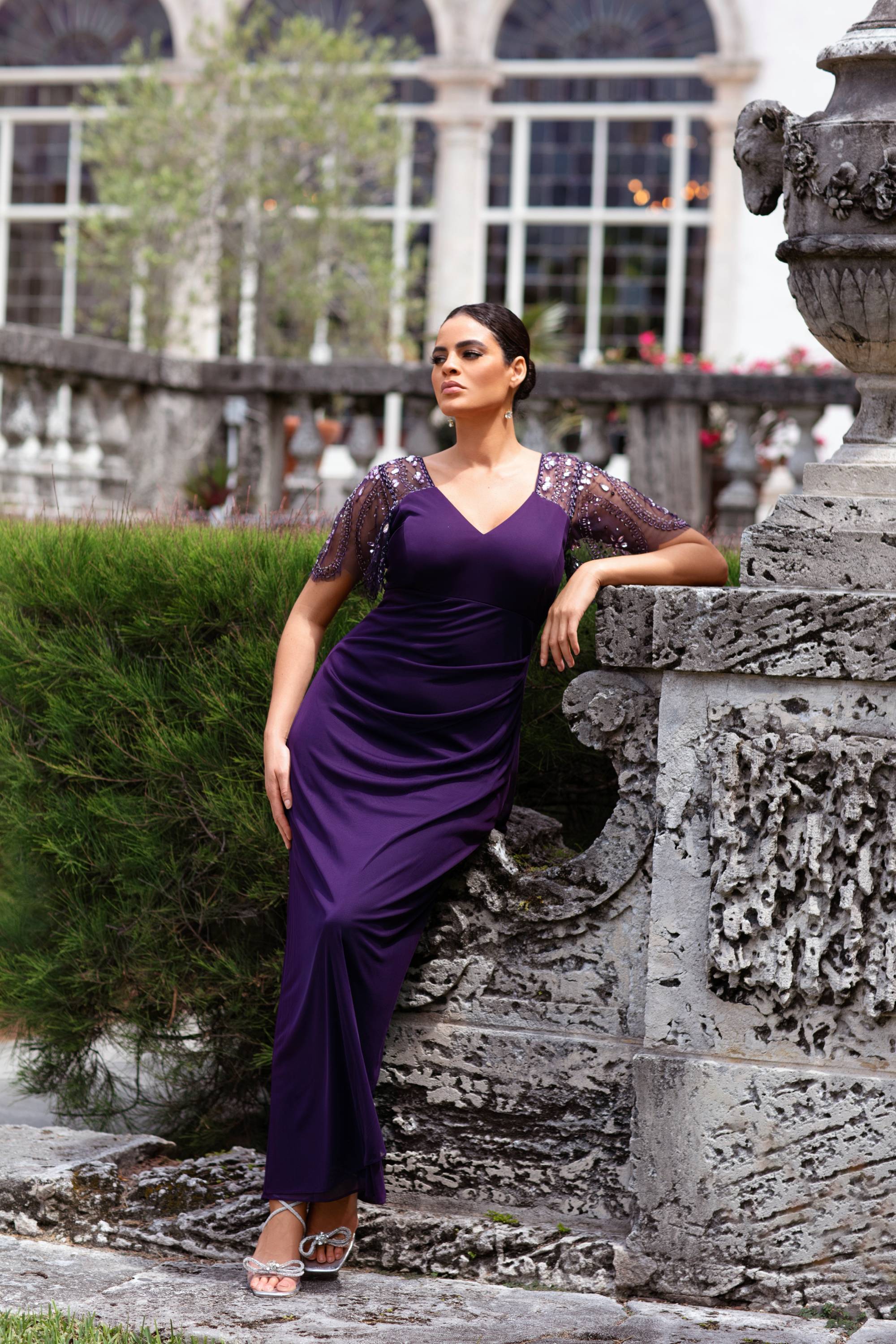 Plus "Lana" Long V-Neck Beaded Flutter Sleeve Dress - Image 8