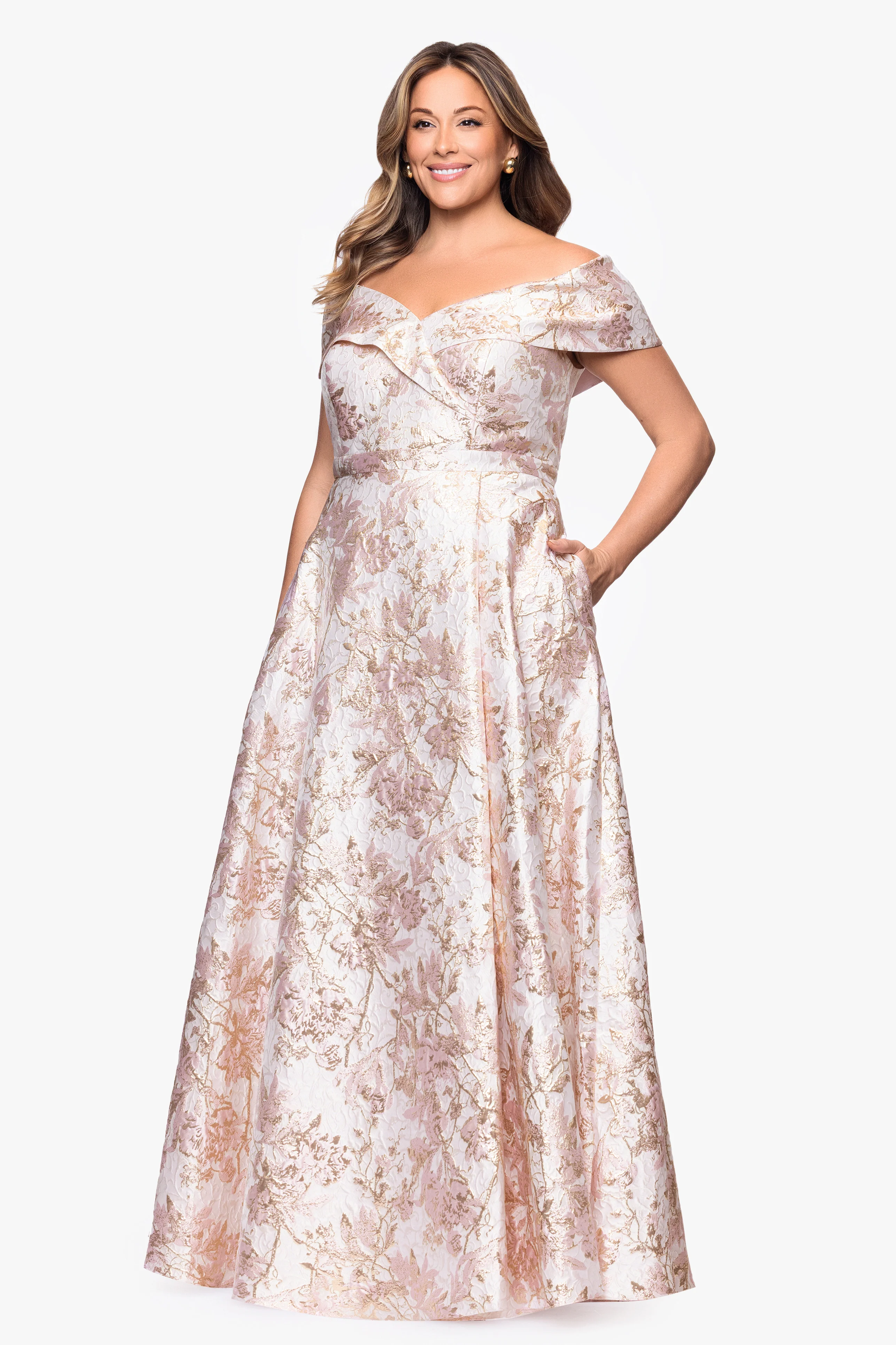 Plus "Melissa" Brocade Off the Shoulder V-Neck Ballgown - Image 4