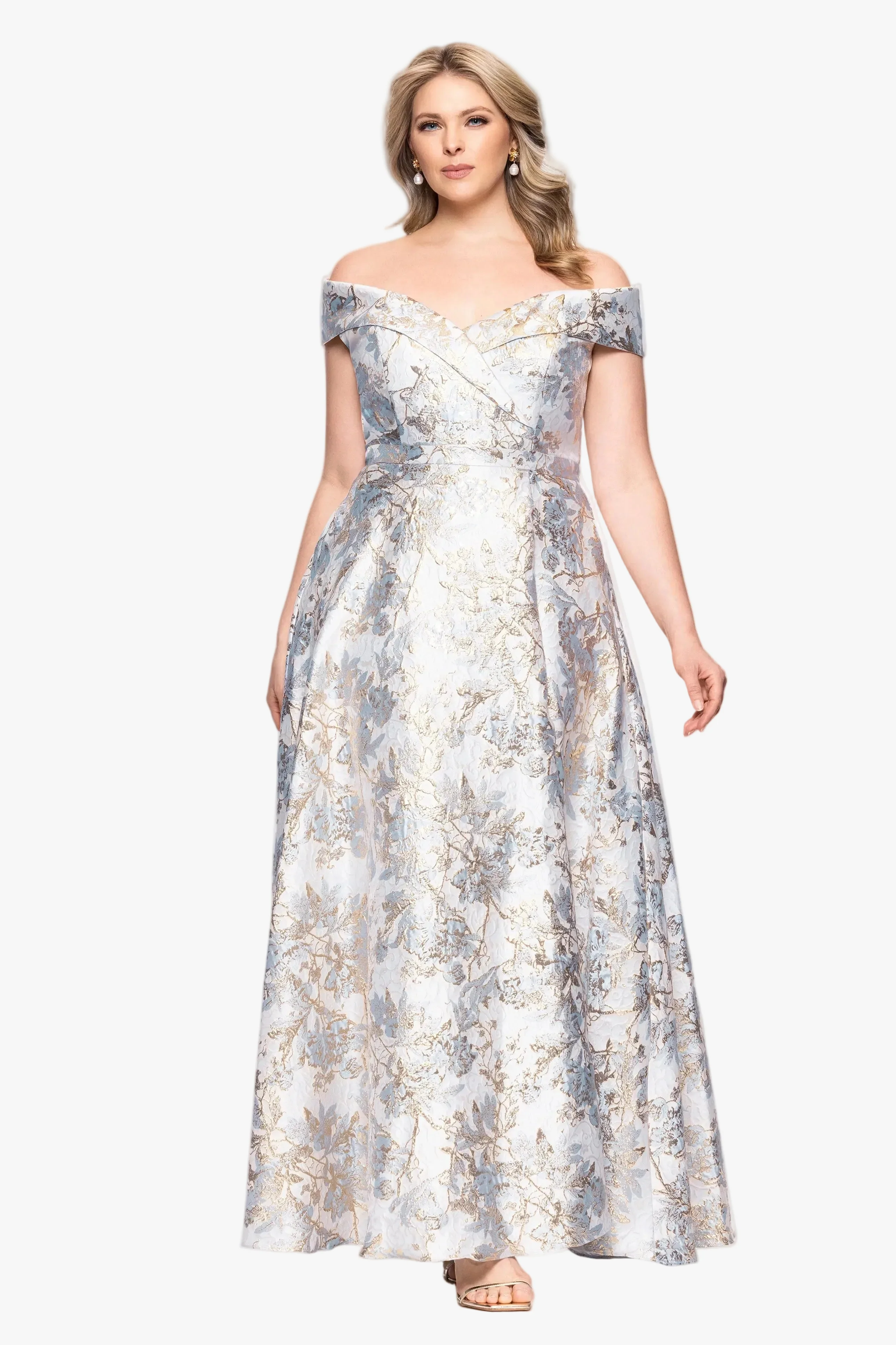 Plus "Melissa" Brocade Off the Shoulder V-Neck Ballgown - Image 6