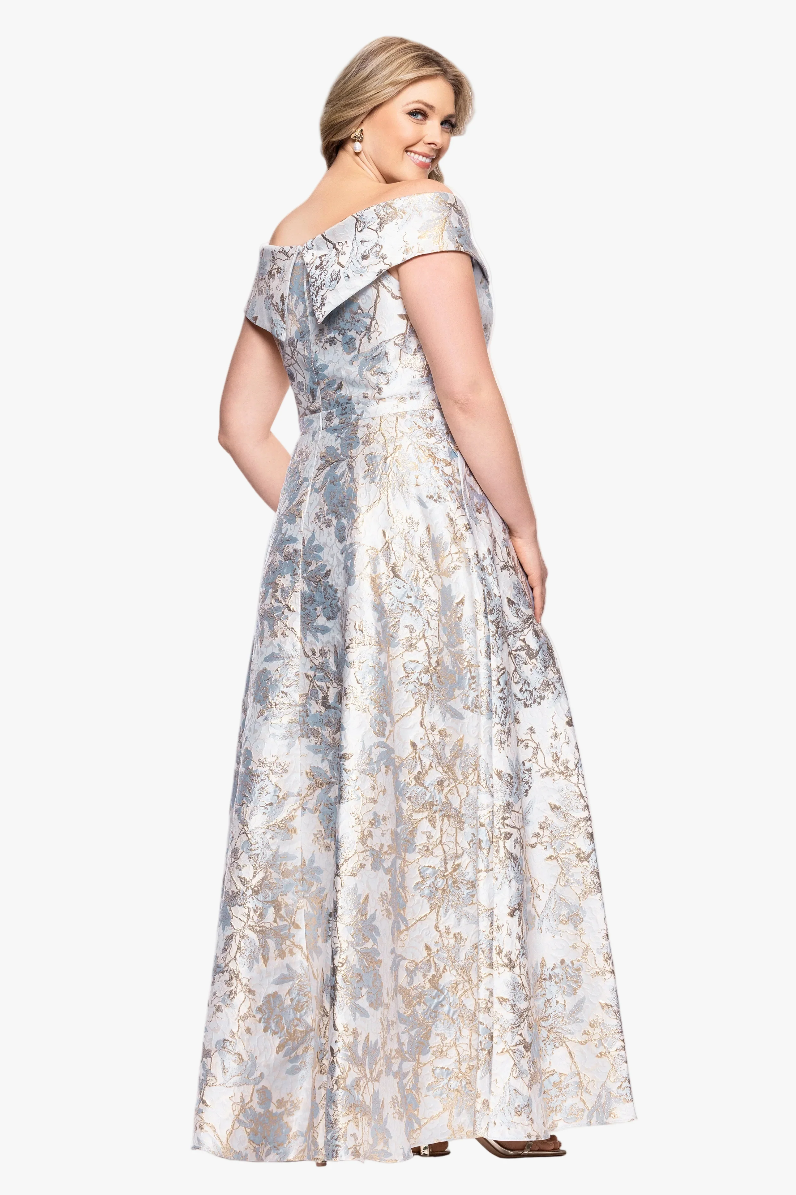 Plus "Melissa" Brocade Off the Shoulder V-Neck Ballgown - Image 8