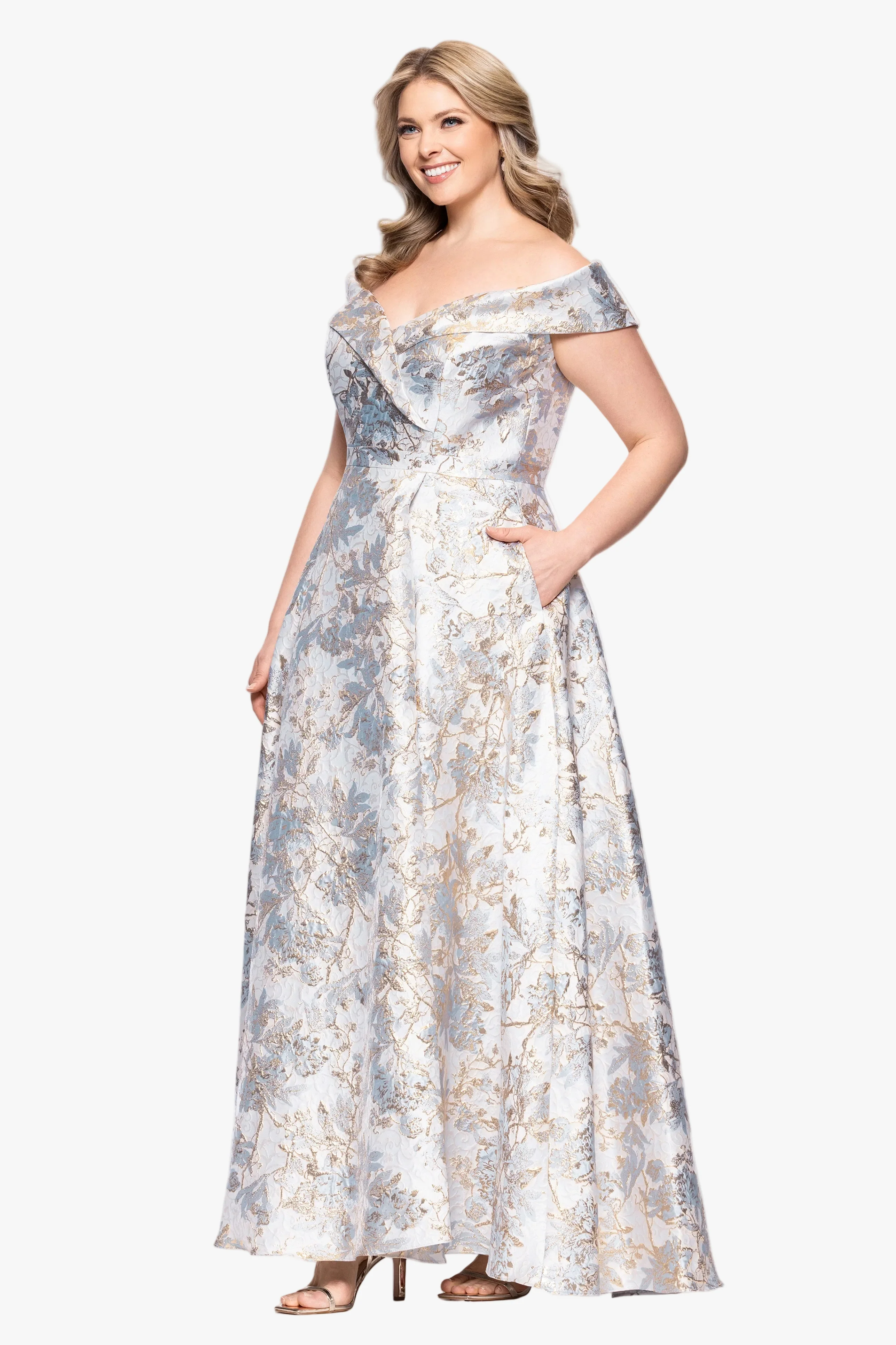Plus "Melissa" Brocade Off the Shoulder V-Neck Ballgown - Image 9