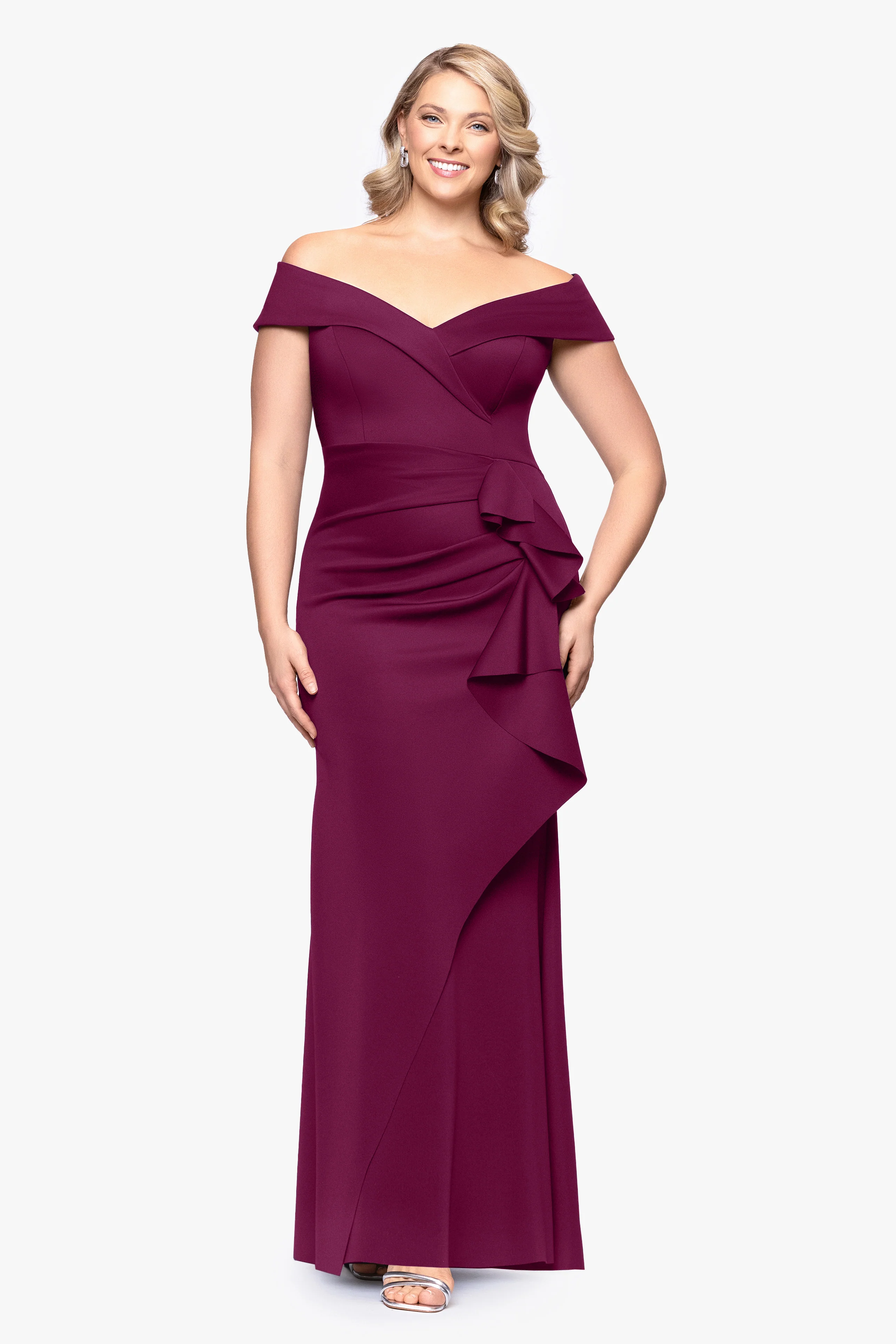 Plus "Patti" Long Off the Shoulder Techno Scuba Dress - Image 24