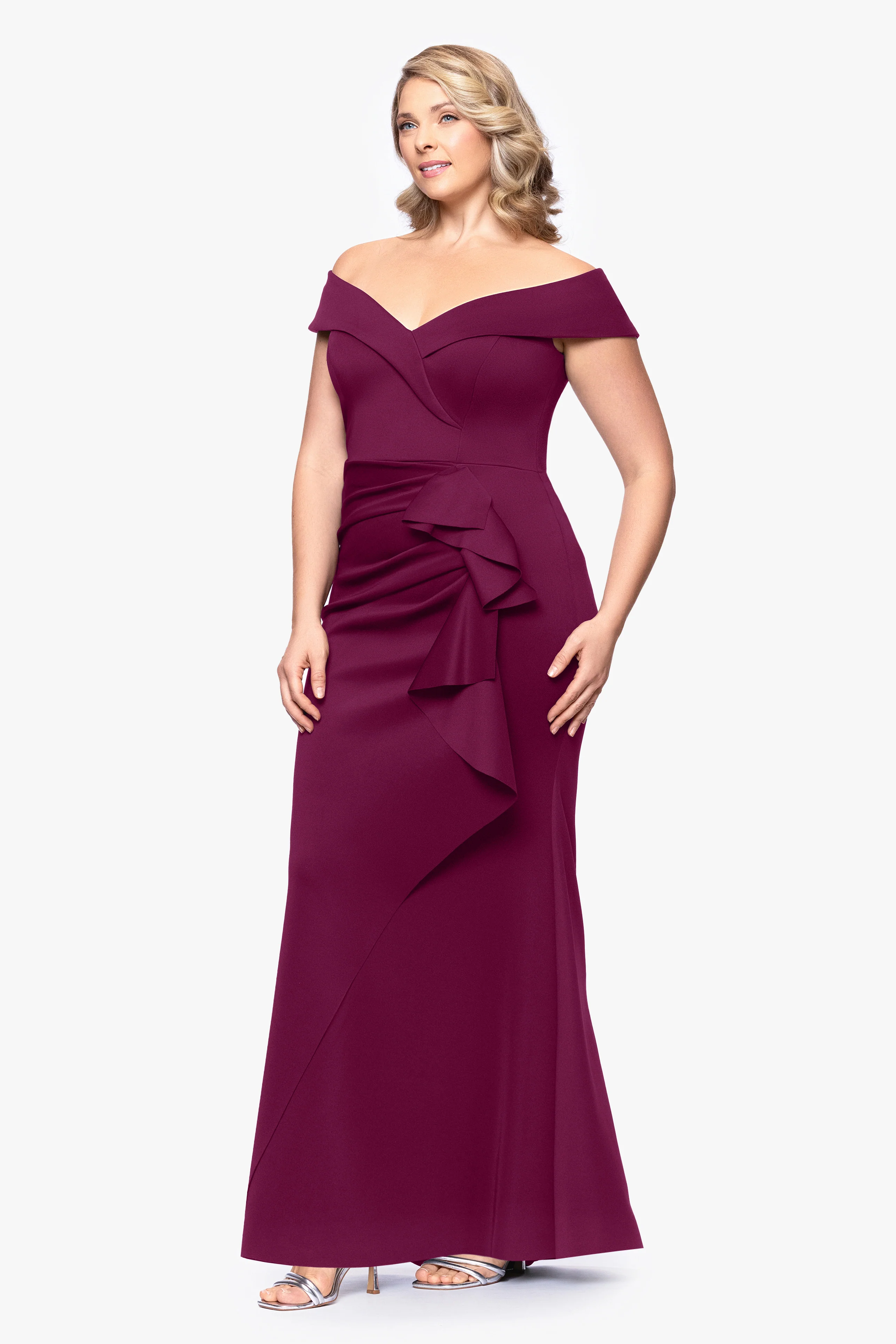 Plus "Patti" Long Off the Shoulder Techno Scuba Dress - Image 27