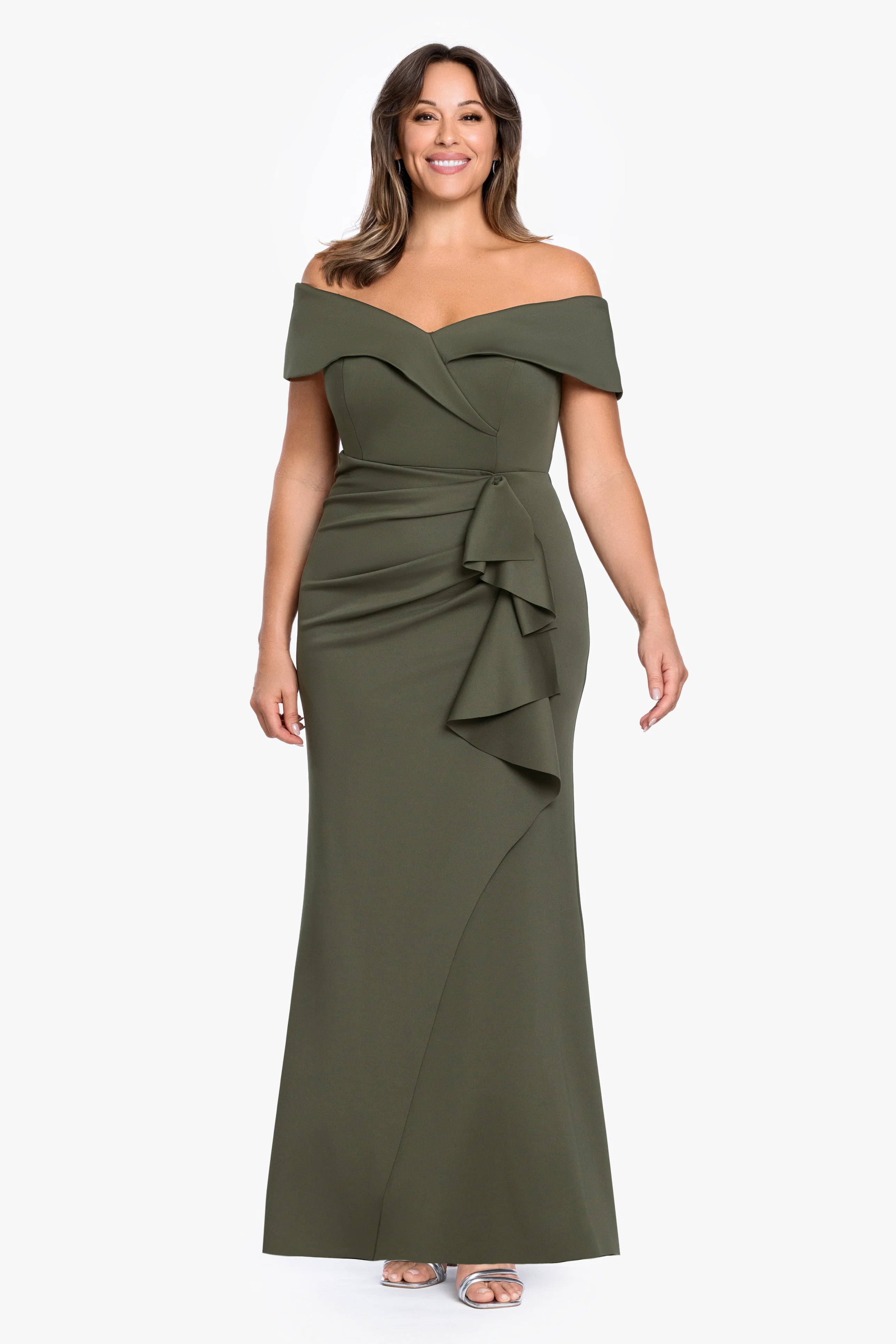 Plus "Patti" Long Off the Shoulder Techno Scuba Dress - Image 29