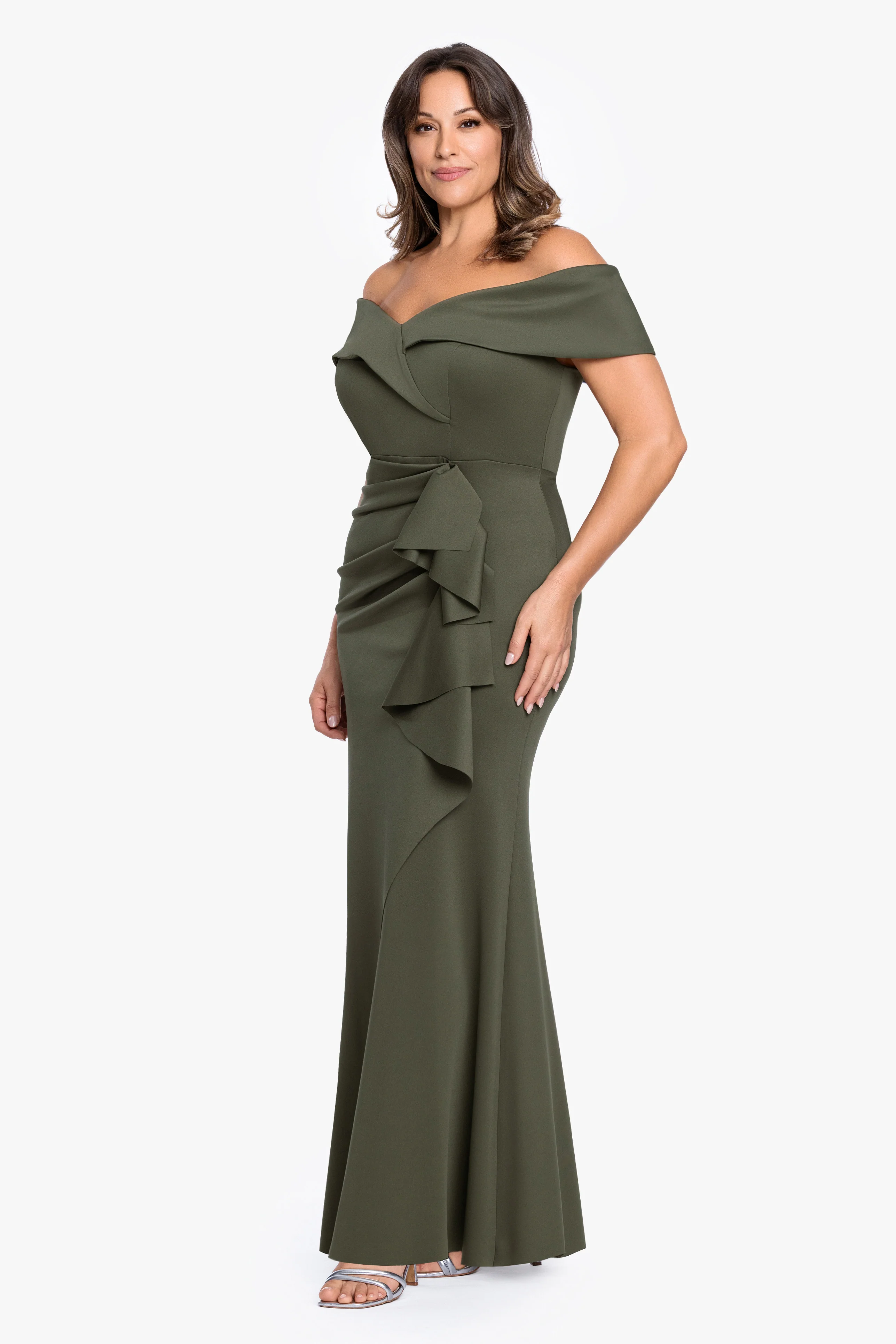 Plus "Patti" Long Off the Shoulder Techno Scuba Dress - Image 32