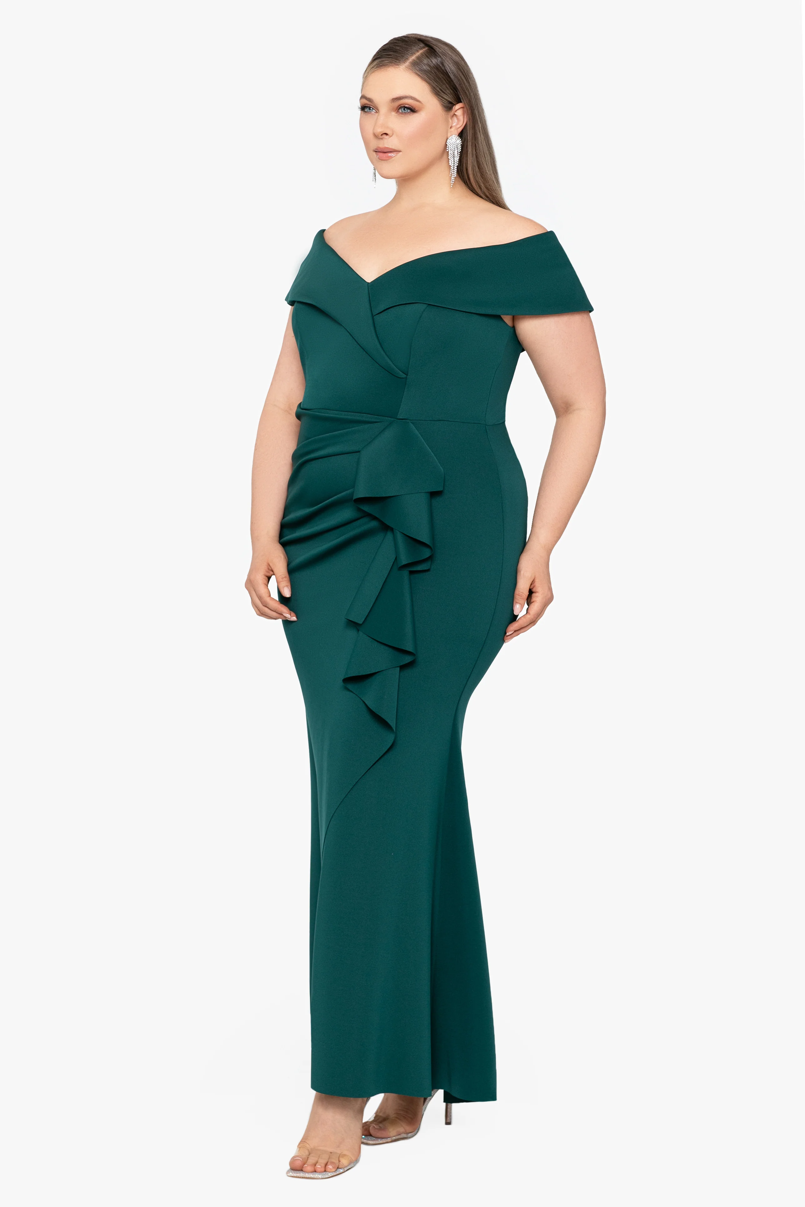 Plus "Patti" Long Off the Shoulder Techno Scuba Dress - Image 3