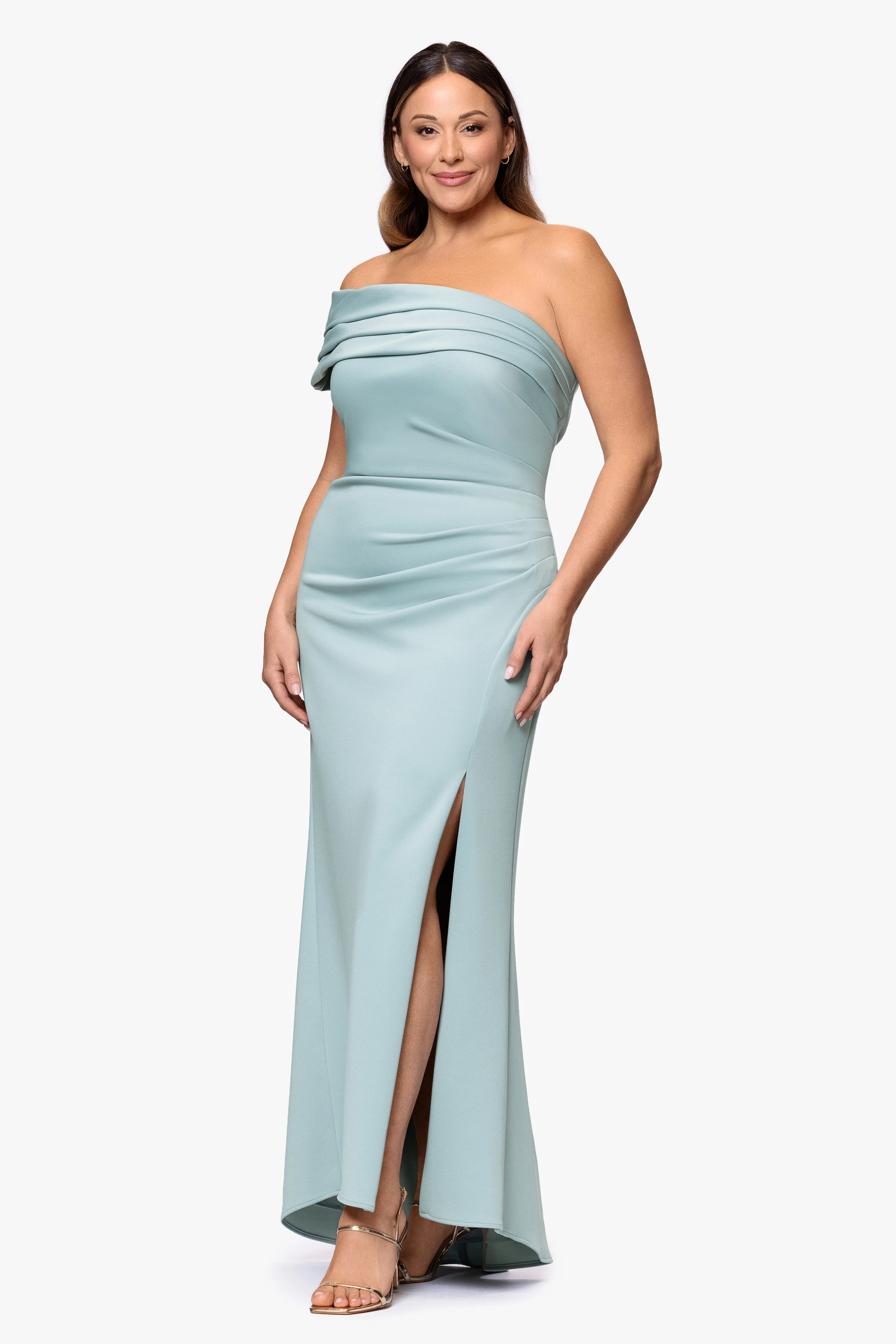 Plus "Whitney" Techno Scuba One Shoulder Off the Shoulder Floor Length Dress - Image 14