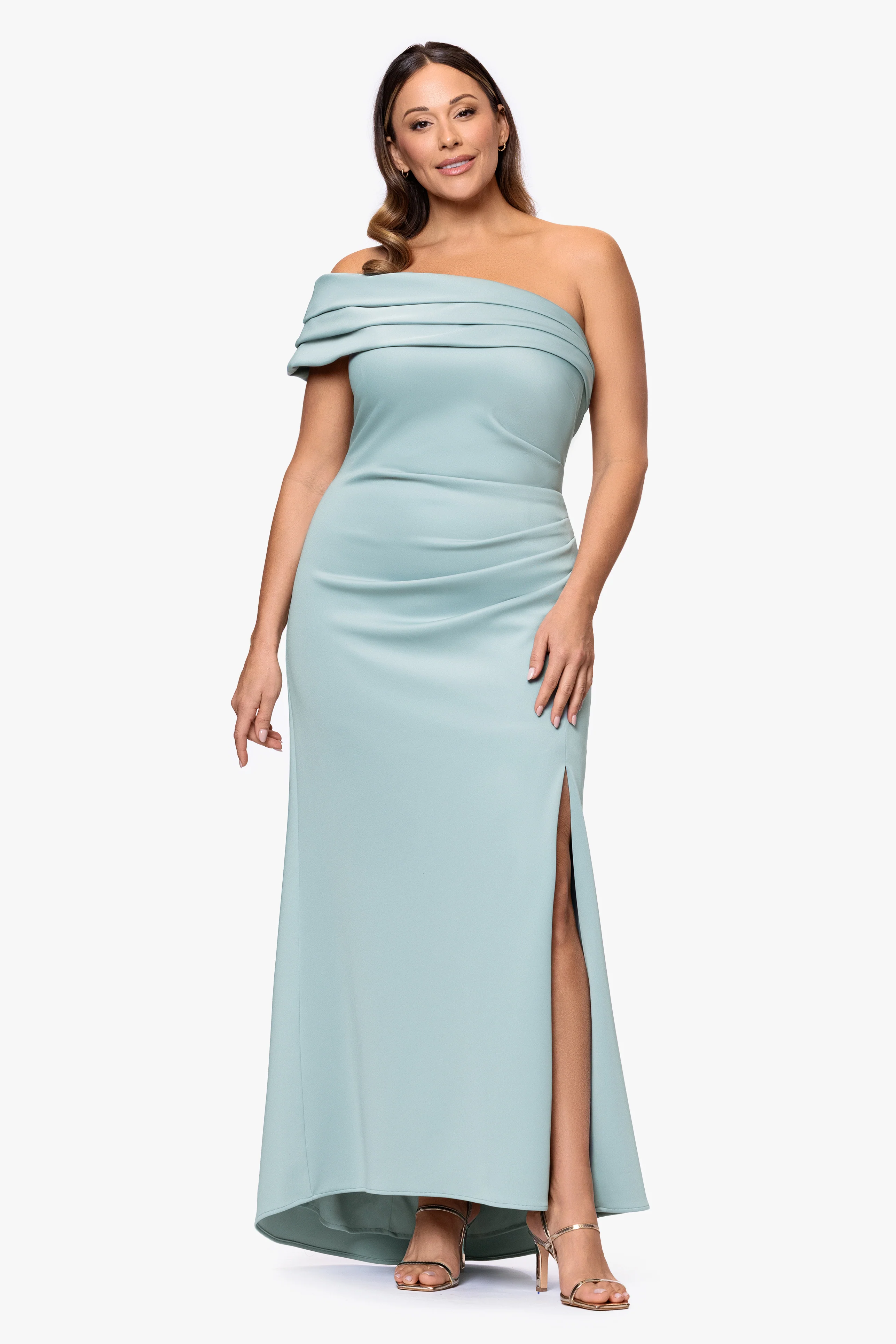 Plus "Whitney" Techno Scuba One Shoulder Off the Shoulder Floor Length Dress - Image 15