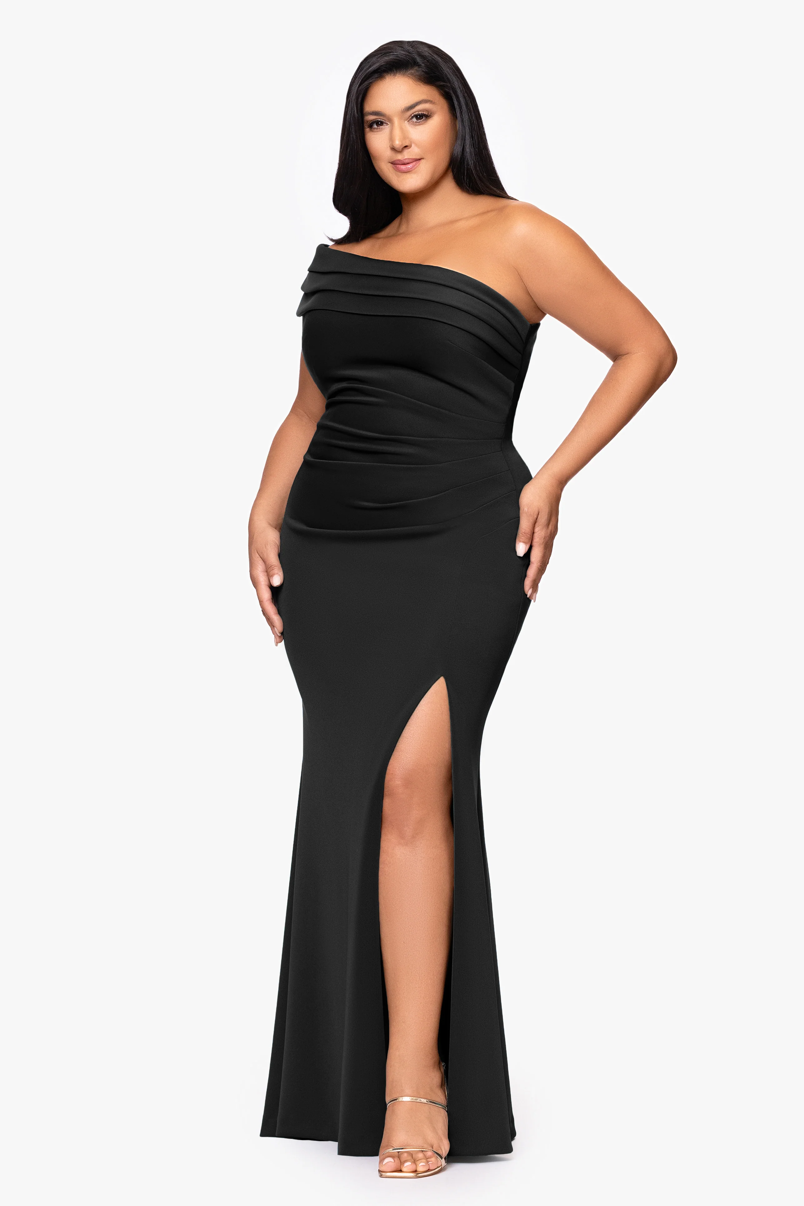 Plus "Whitney" Techno Scuba One Shoulder Off the Shoulder Floor Length Dress - Image 6