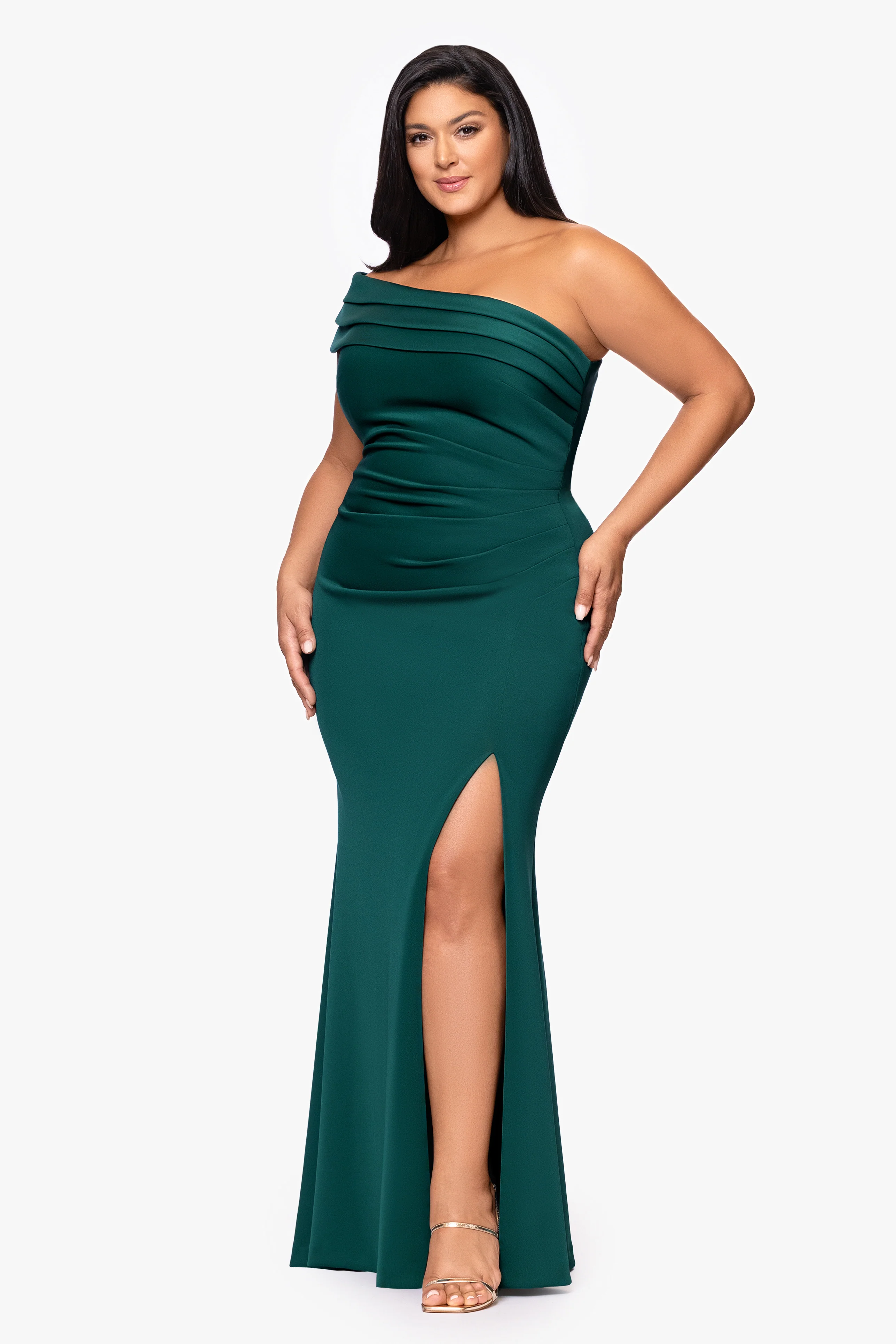 Plus "Whitney" Techno Scuba One Shoulder Off the Shoulder Floor Length Dress - Image 4