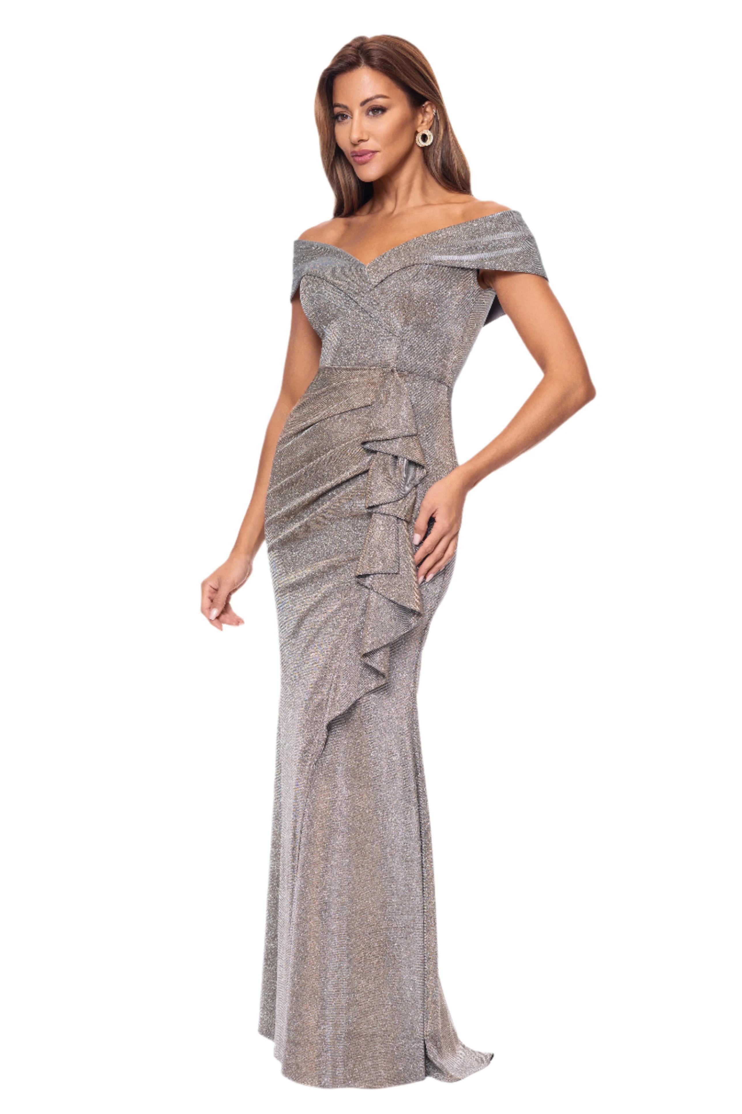 "Raveena" Long Foil Knit Off the Shoulder Floor Length Ruffle Dress - Image 10