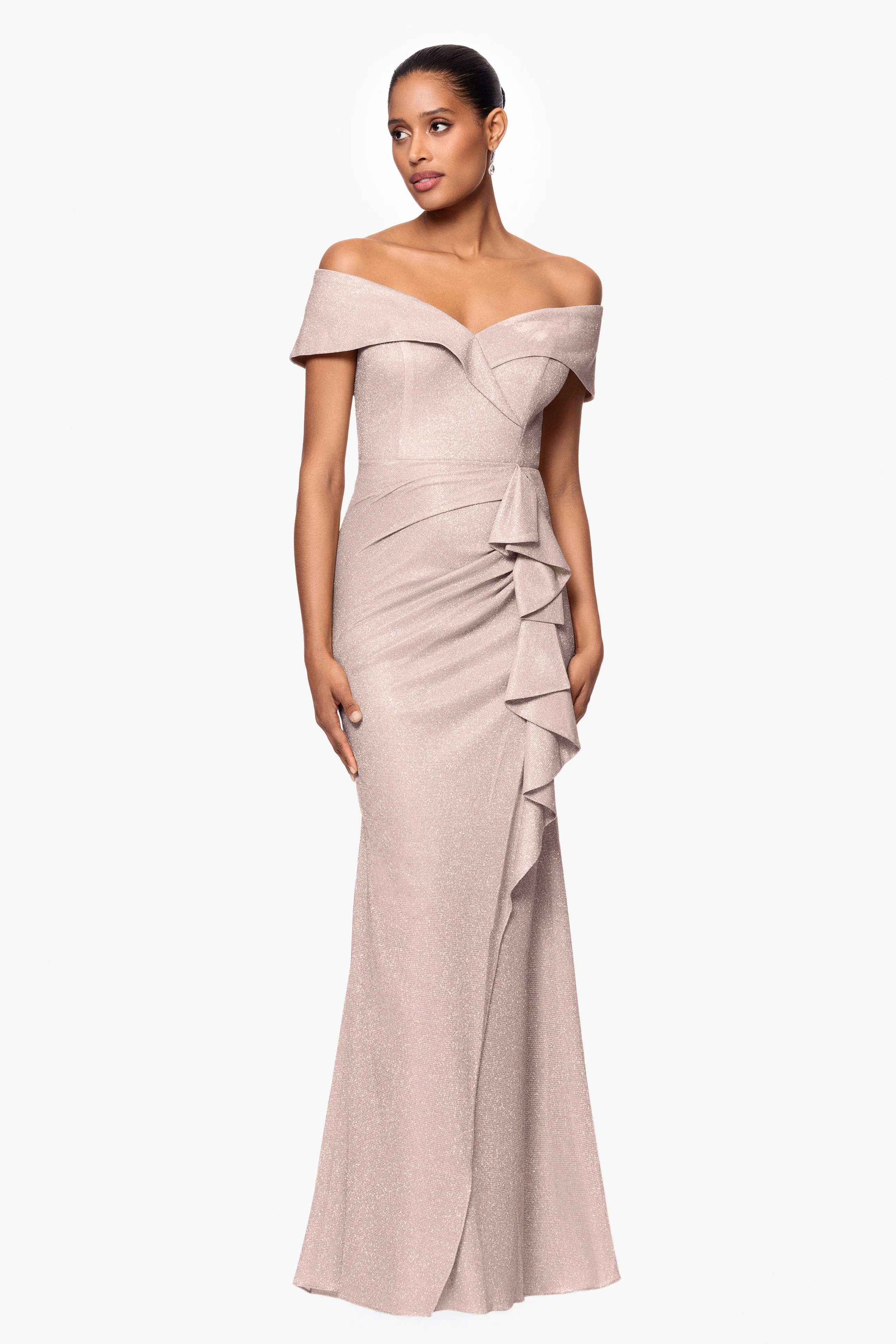 "Raveena" Long Foil Knit Off the Shoulder Floor Length Ruffle Dress - Image 16