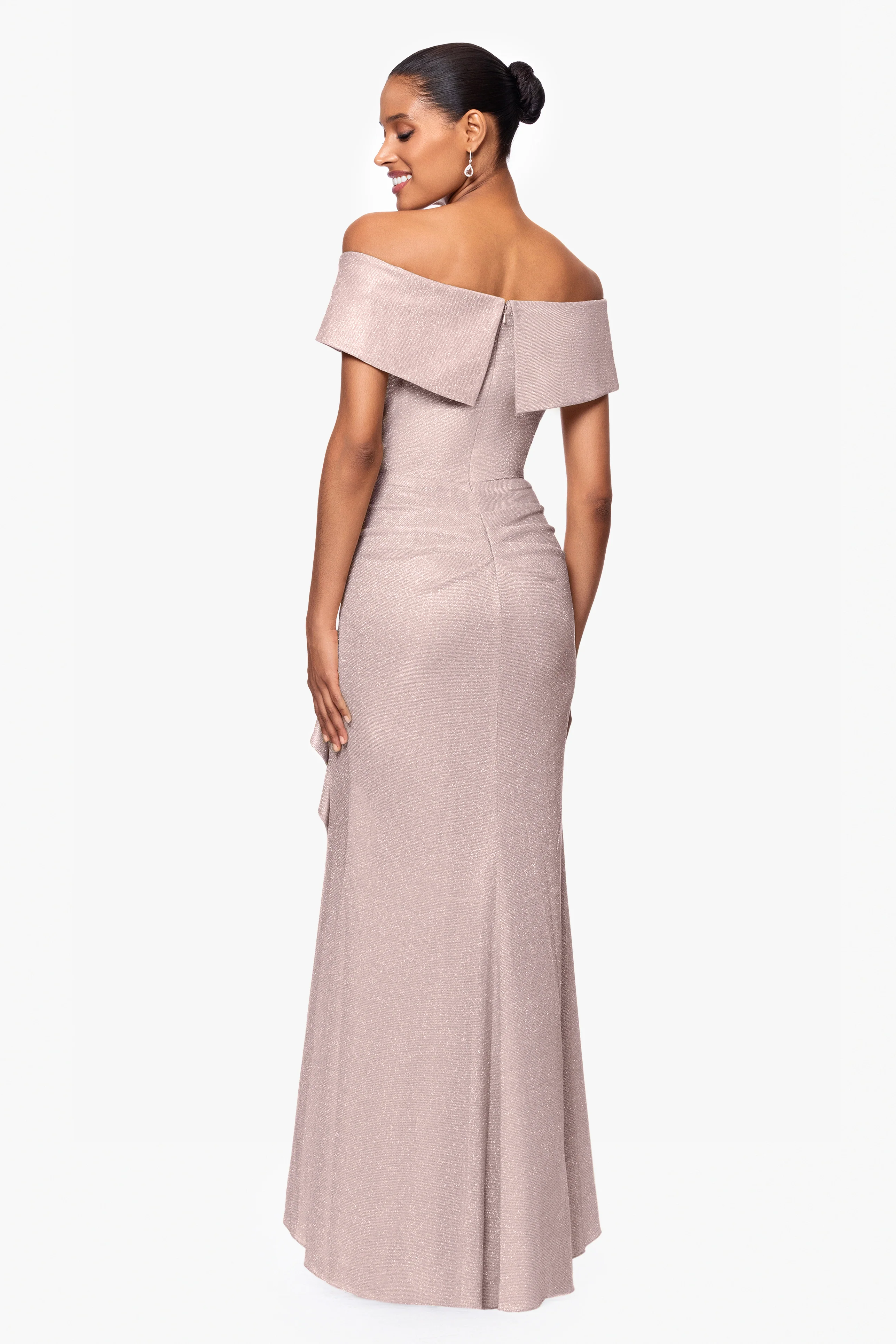 "Raveena" Long Foil Knit Off the Shoulder Floor Length Ruffle Dress - Image 15