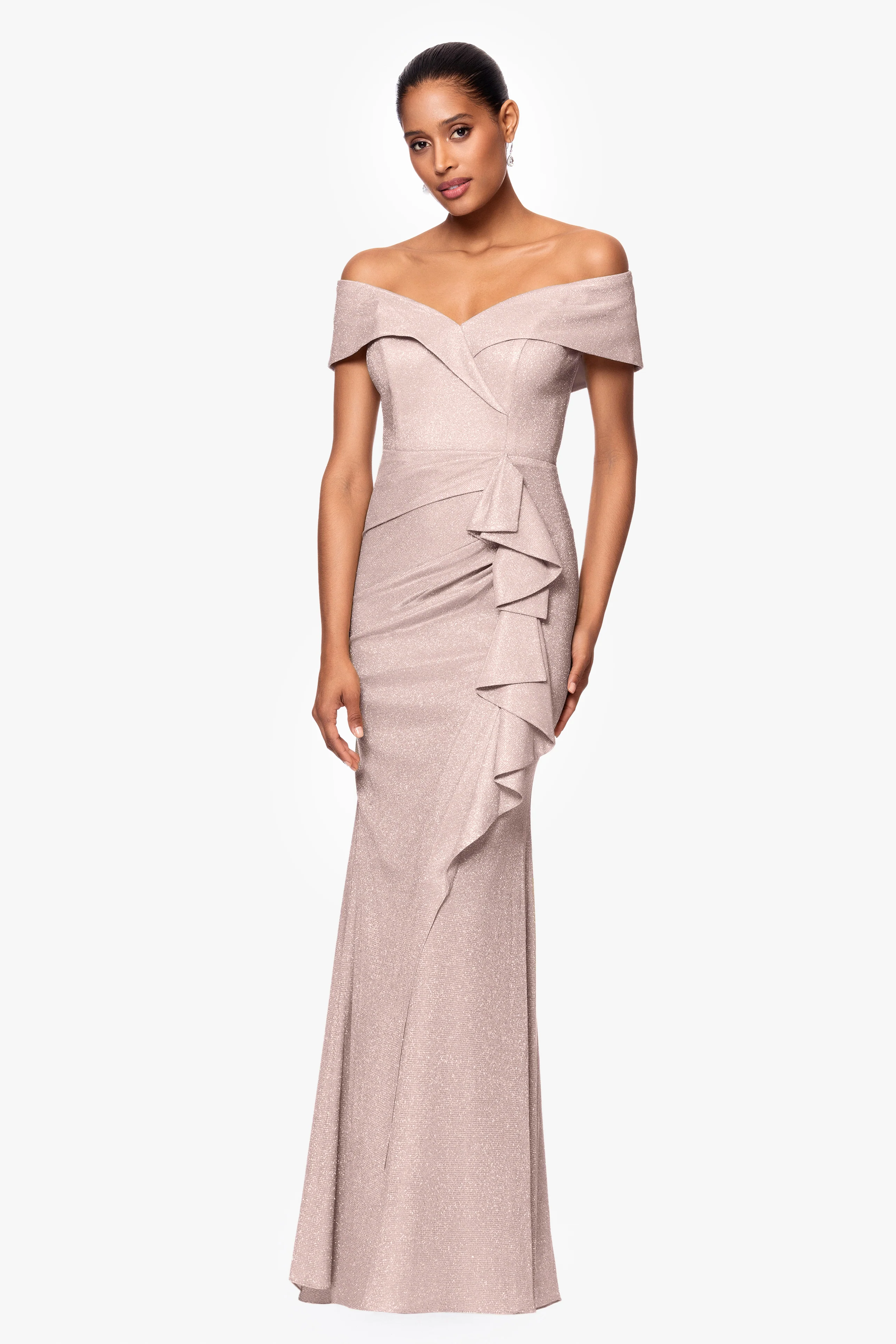 "Raveena" Long Foil Knit Off the Shoulder Floor Length Ruffle Dress - Image 13