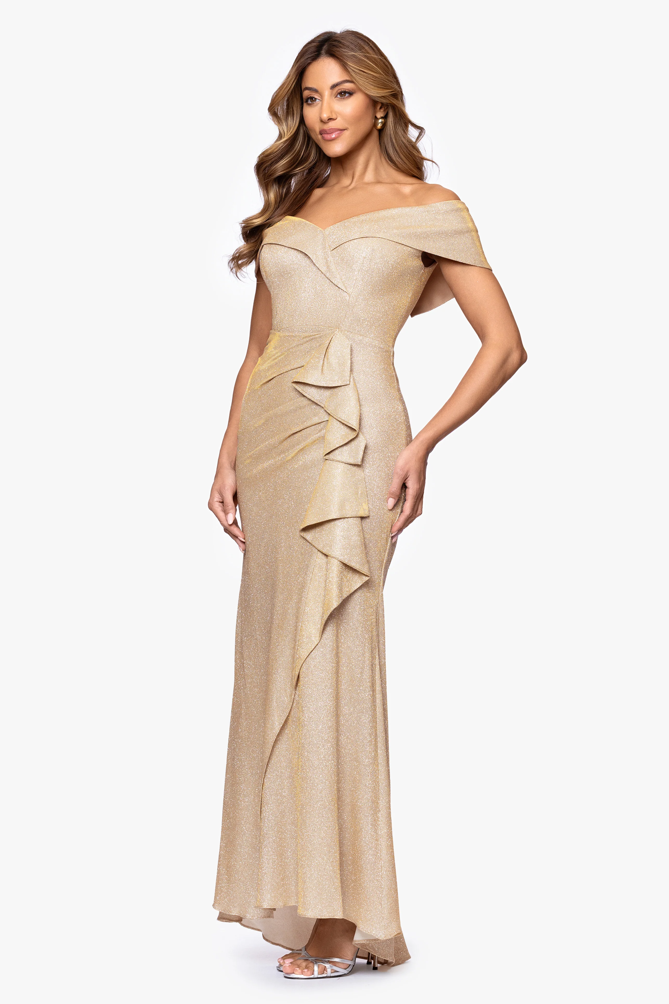 "Raveena" Long Foil Knit Off the Shoulder Floor Length Ruffle Dress - Image 10