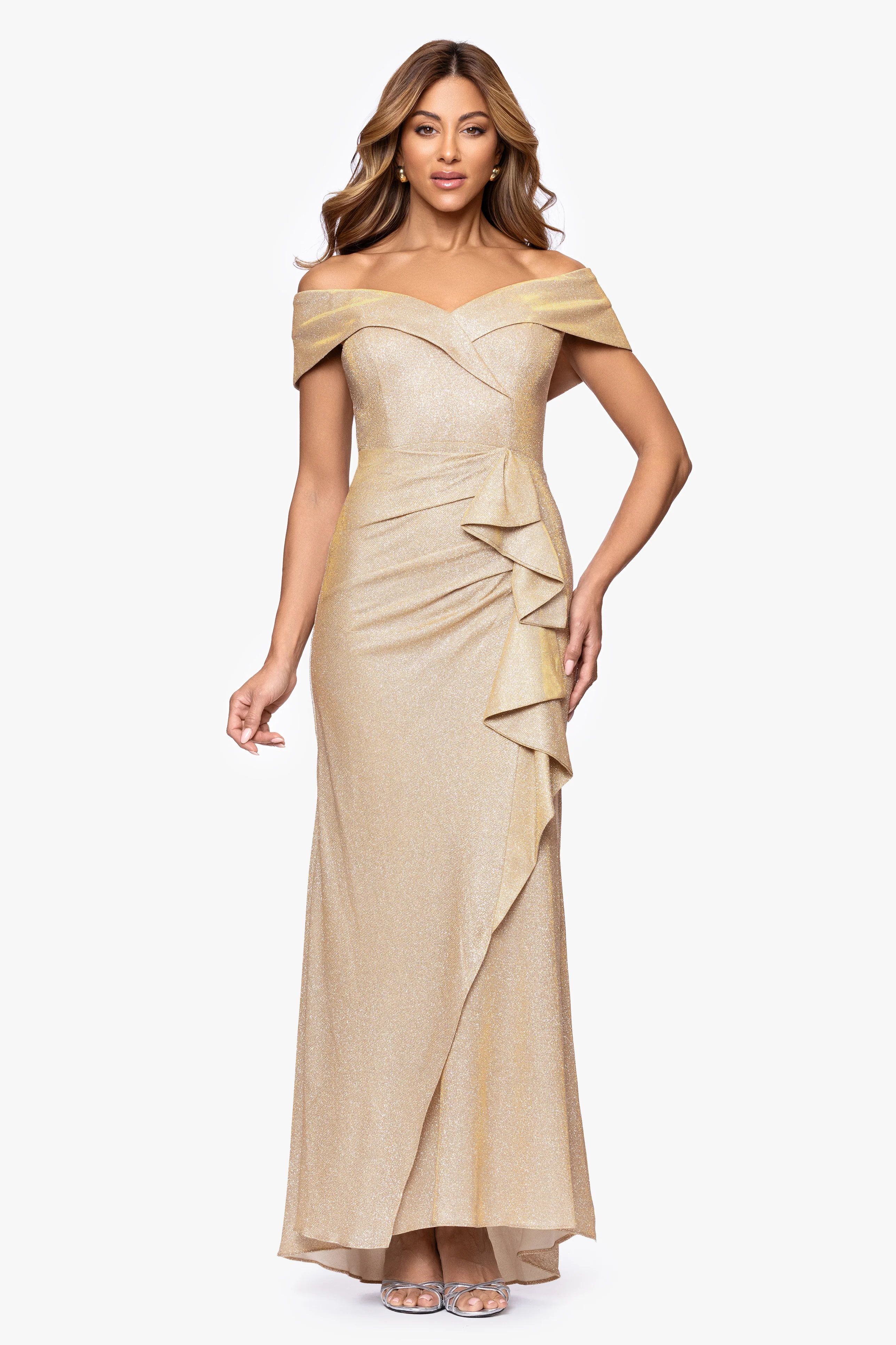 "Raveena" Long Foil Knit Off the Shoulder Floor Length Ruffle Dress - Image 11