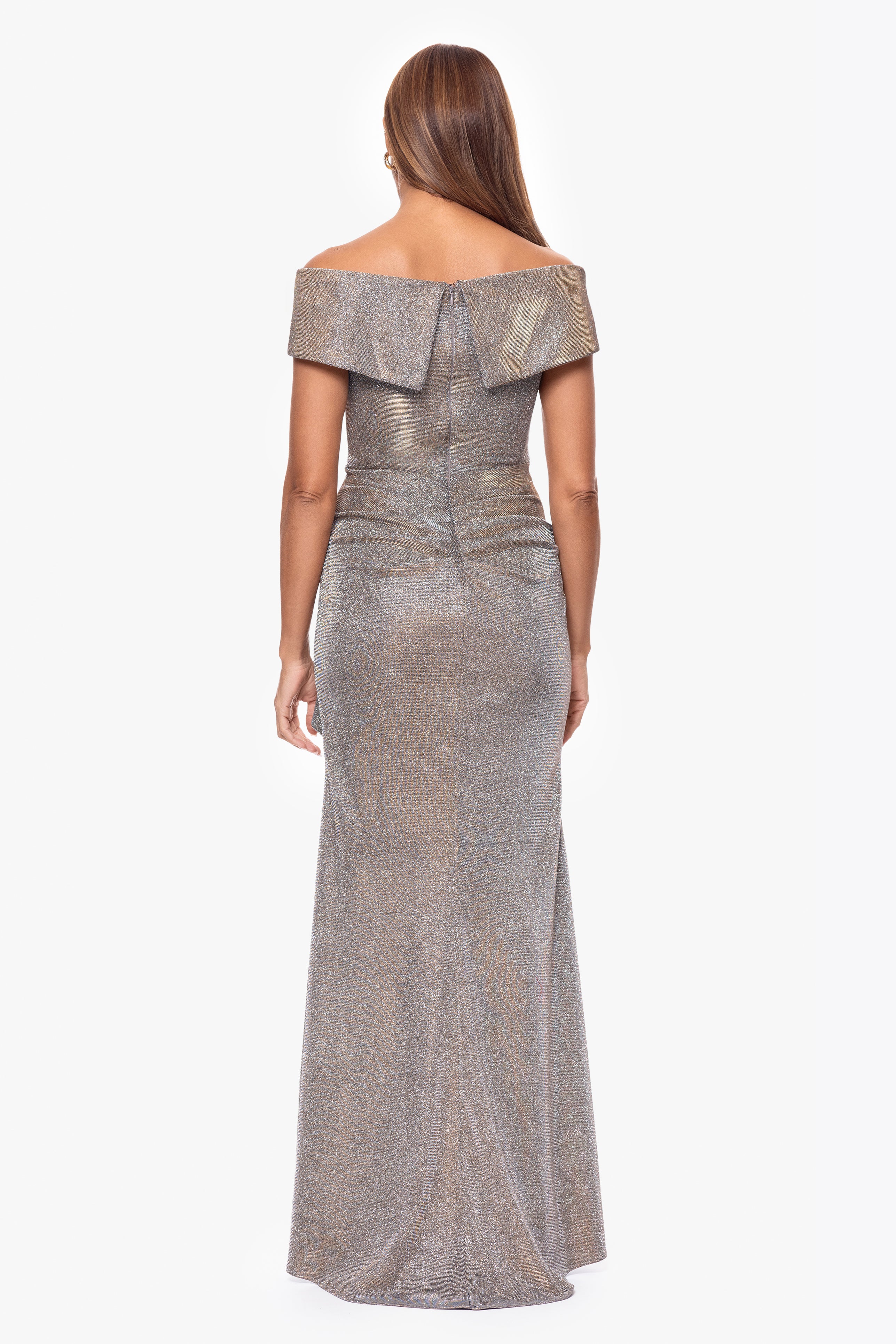 "Raveena" Long Foil Knit Off the Shoulder Floor Length Ruffle Dress - Image 3