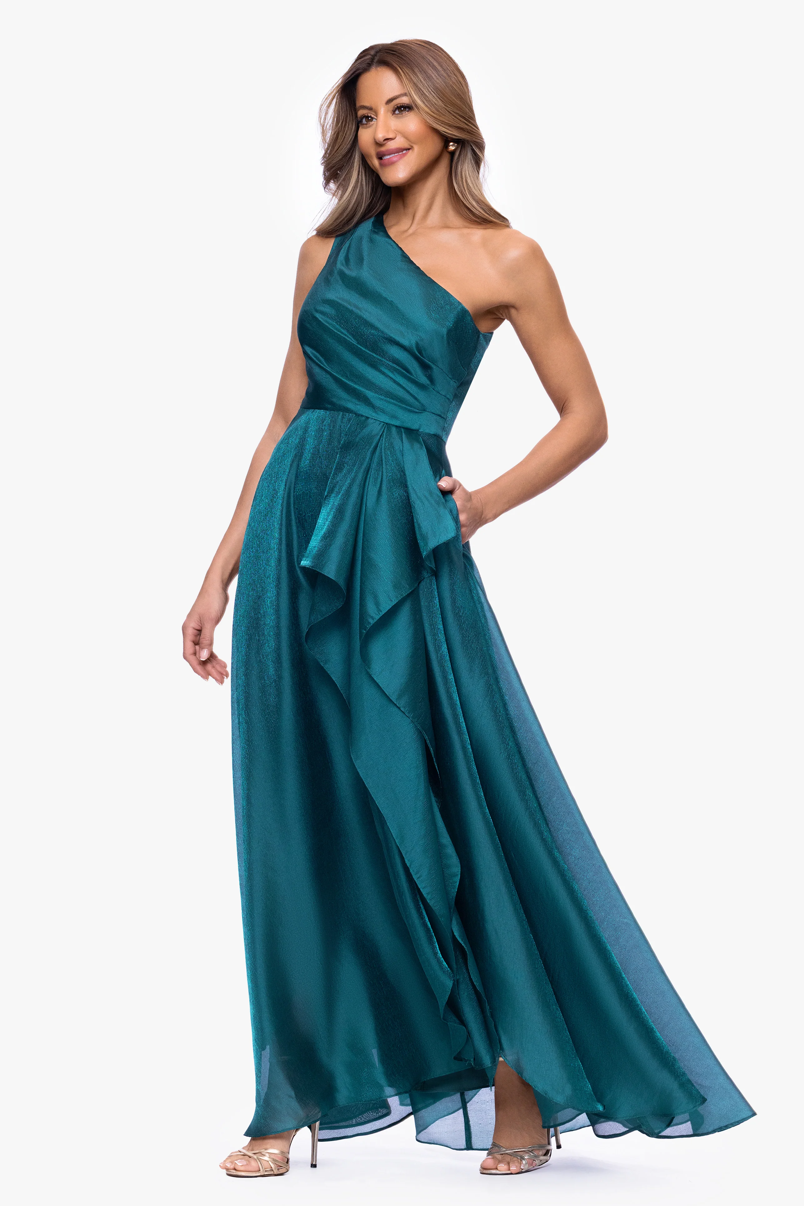 "Samantha" Organza One Shoulder Ruffle Floor Length Dress - Image 11