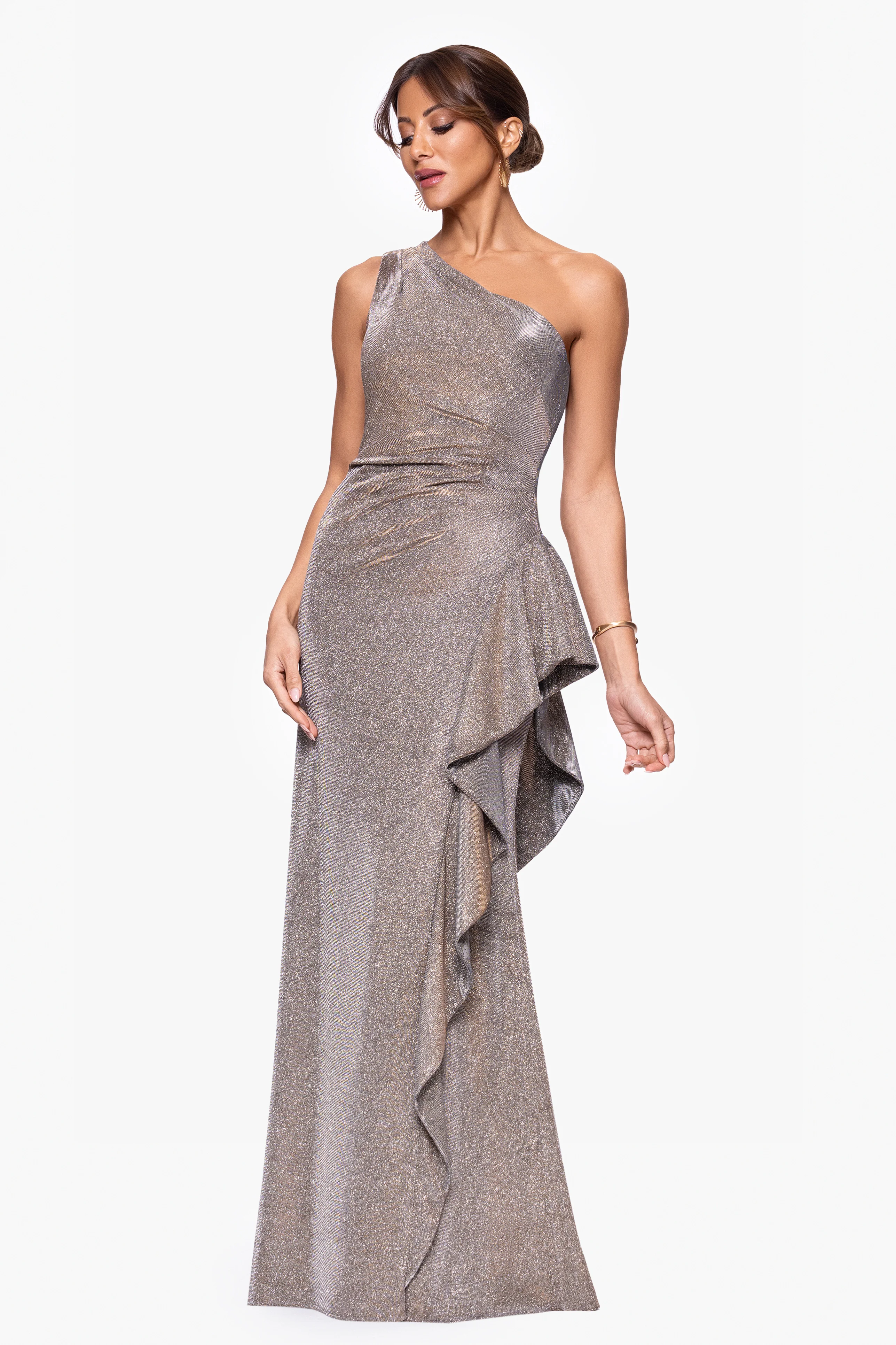 "Shannon" Galaxy Glitter One Shoulder Ruffle Floor Length Dress - Image 4