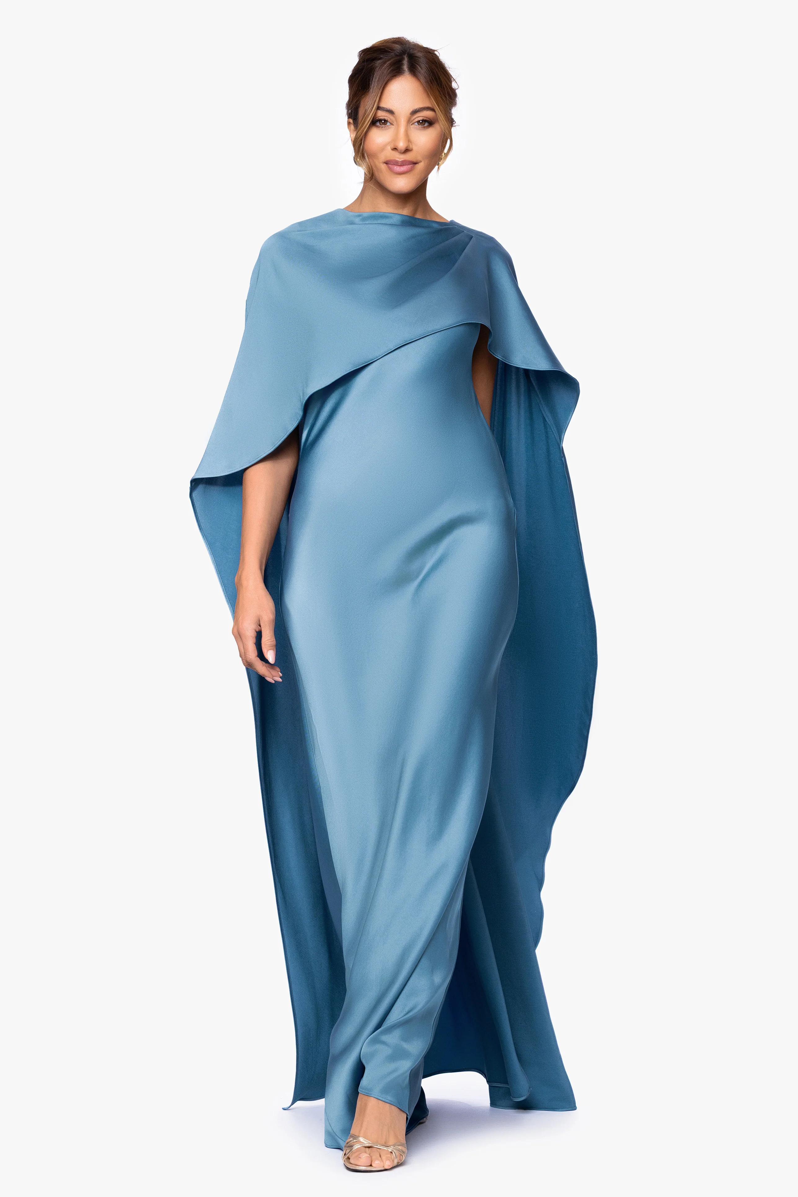 "Tallulah" Satin Overlay Cape Floor Length Dress - Image 10