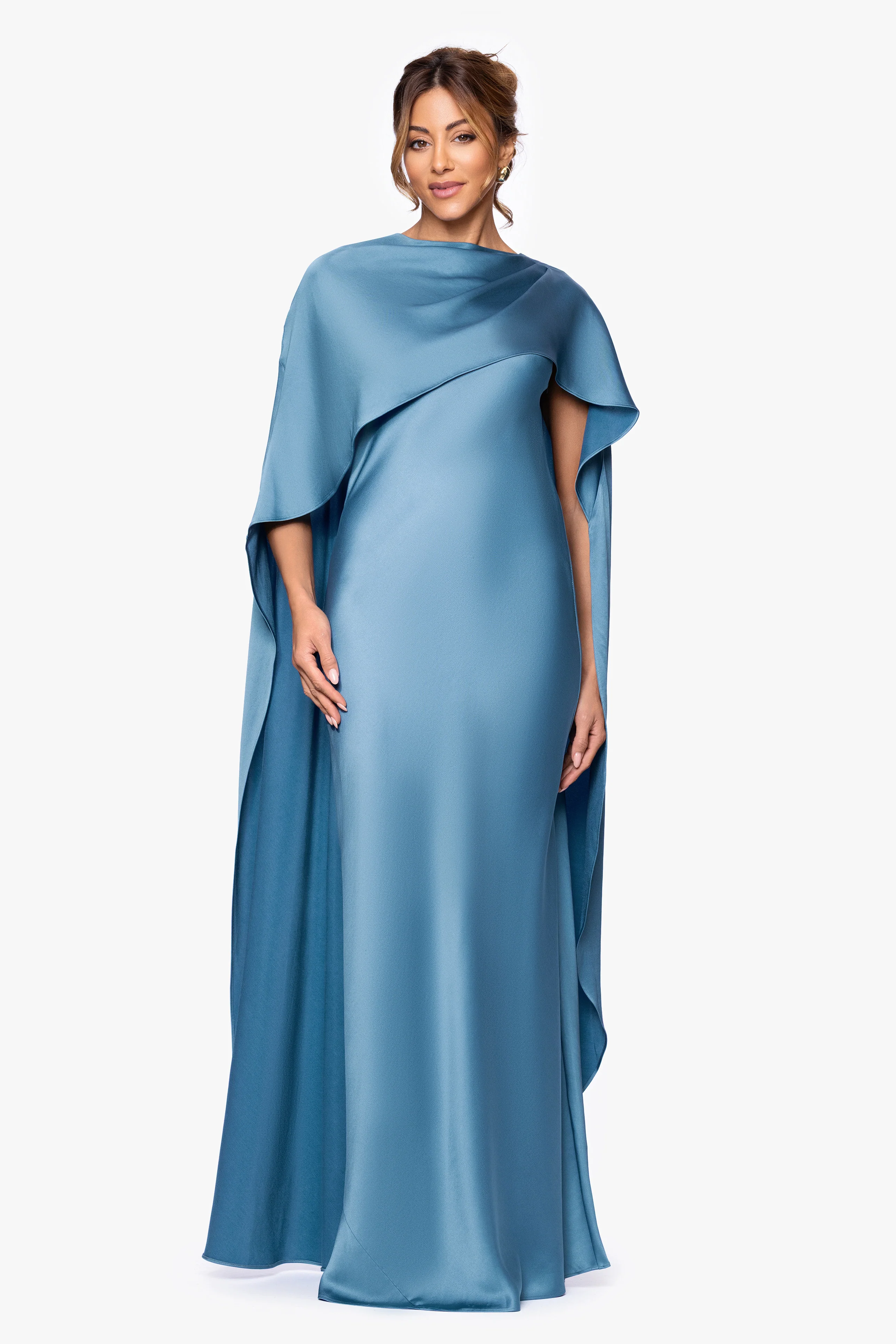 "Tallulah" Satin Overlay Cape Floor Length Dress - Image 11