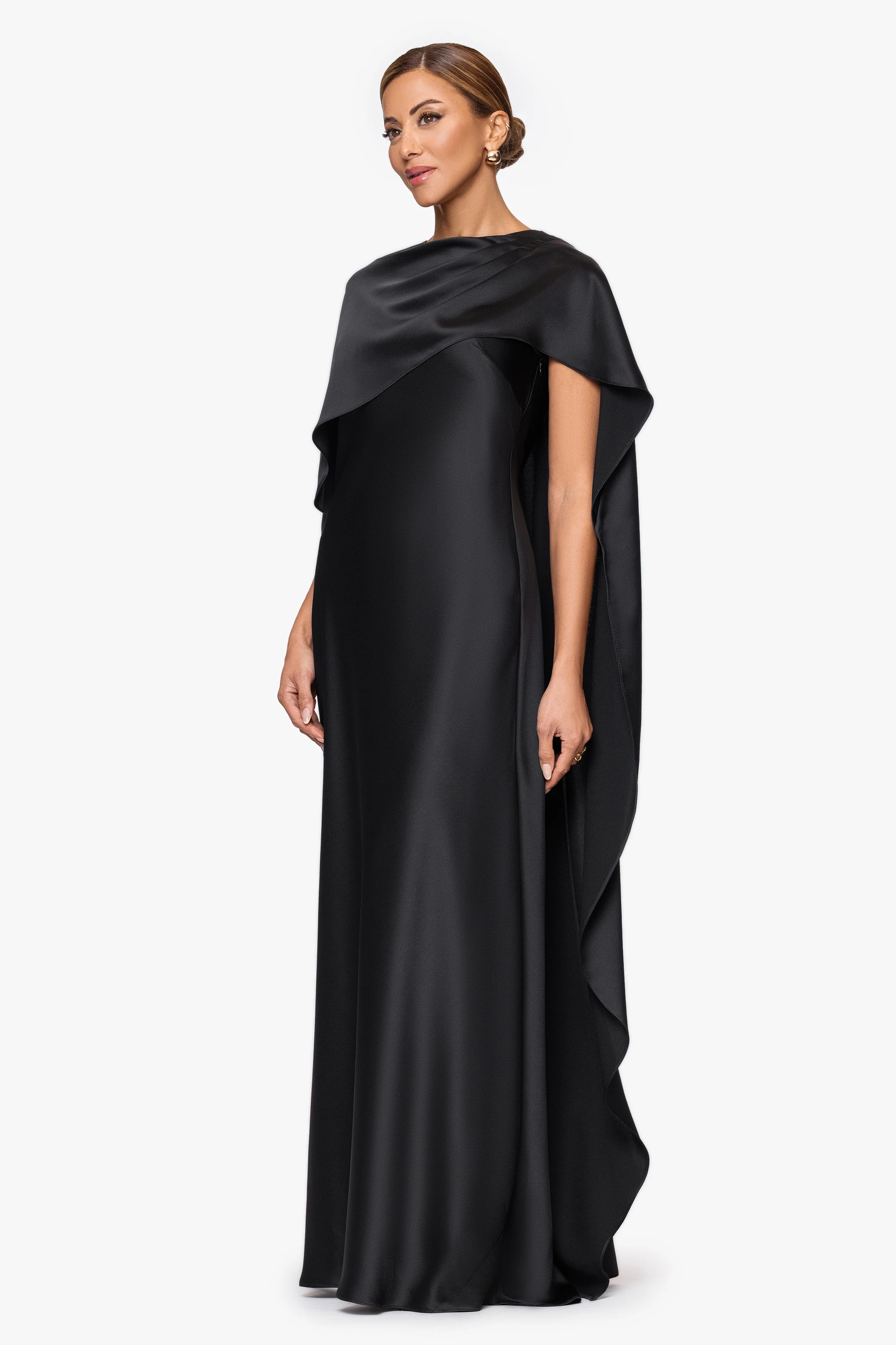 "Tallulah" Satin Overlay Cape Floor Length Dress - Image 4