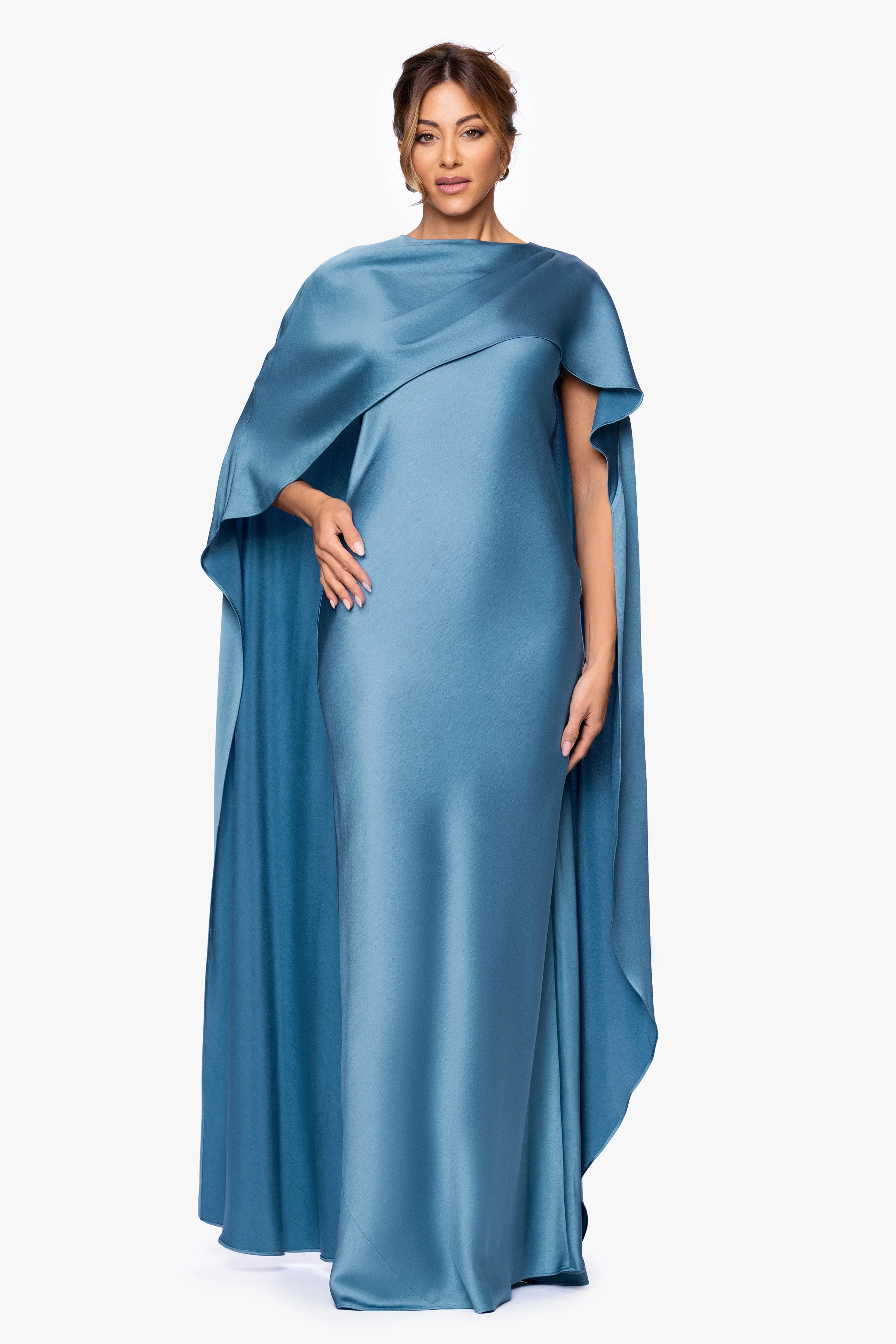 "Tallulah" Satin Overlay Cape Floor Length Dress - Image 6
