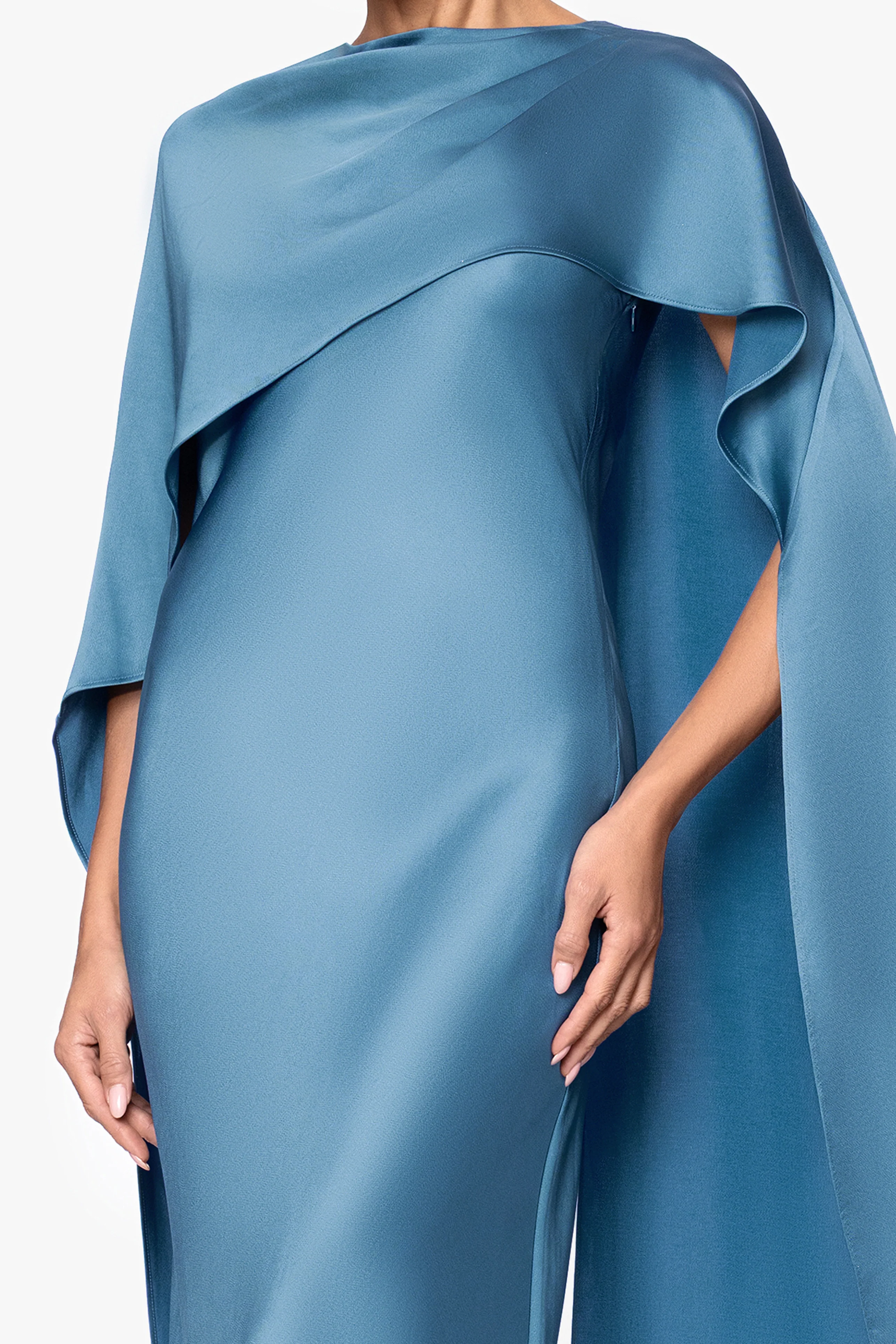"Tallulah" Satin Overlay Cape Floor Length Dress - Image 7