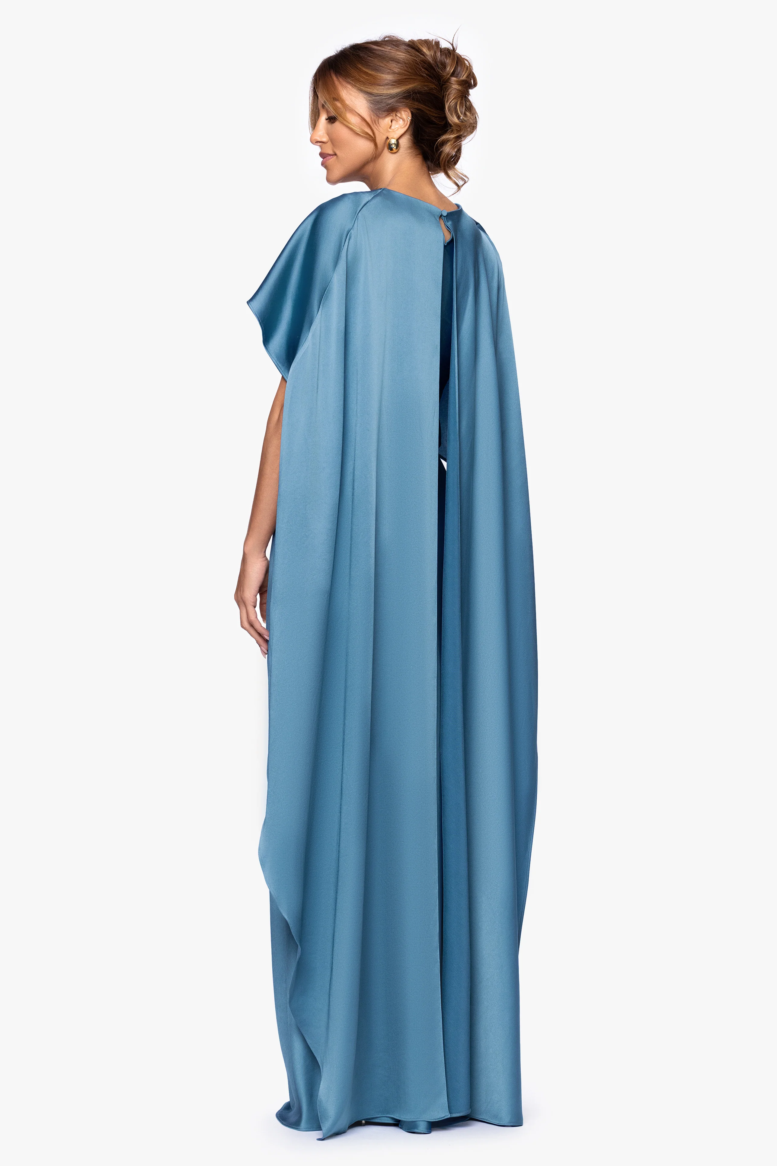 "Tallulah" Satin Overlay Cape Floor Length Dress - Image 8